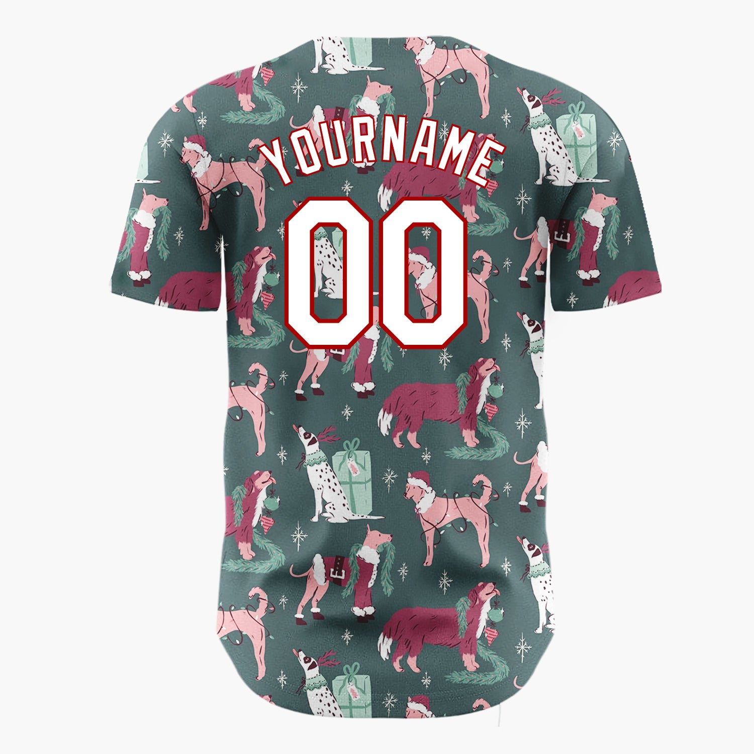 Custom Dark Green Pink Dogs With Presents And Santa Hats Cozy Christmas Baseball Jersey