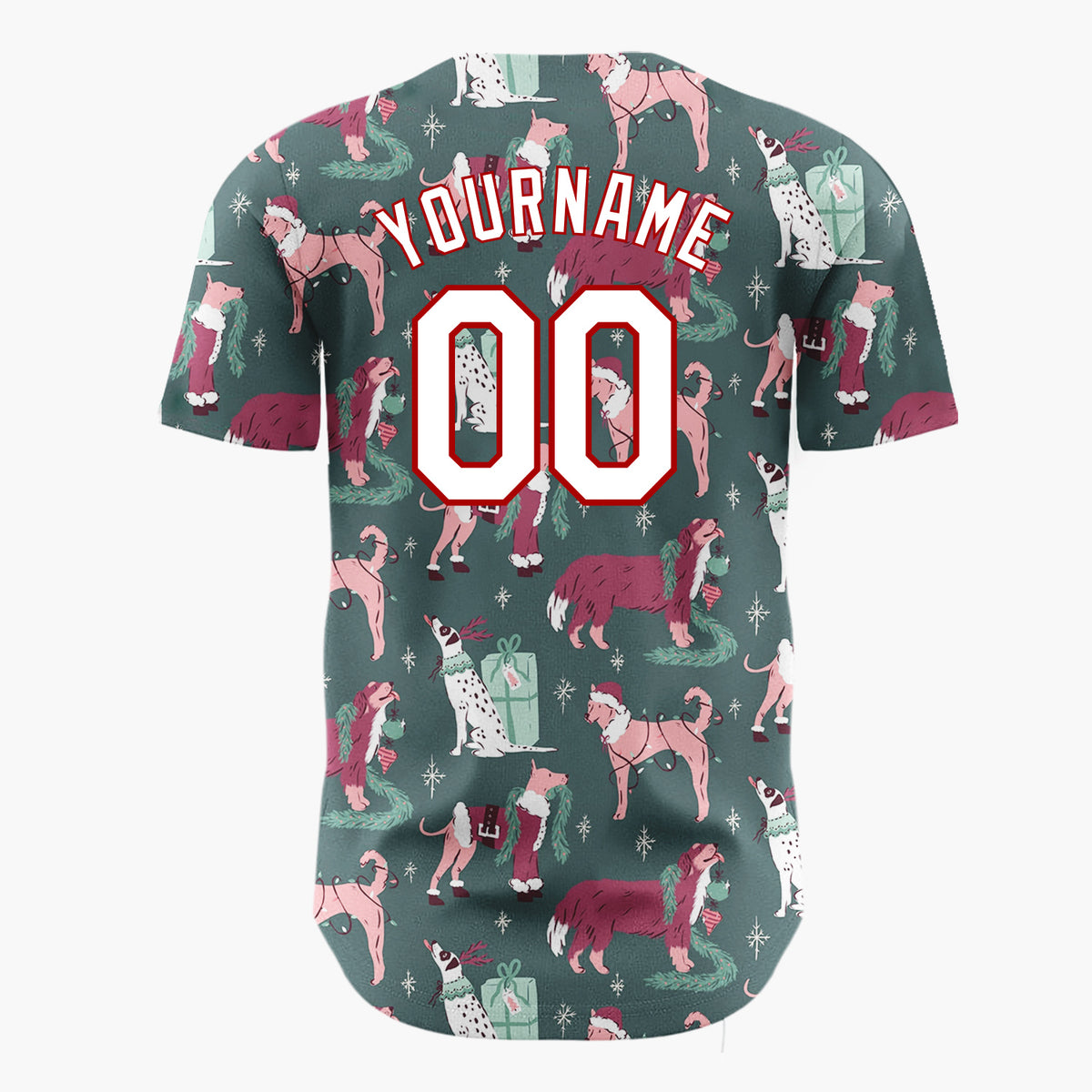 Custom Dark Green Pink Dogs With Presents And Santa Hats Cozy Christmas Baseball Jersey