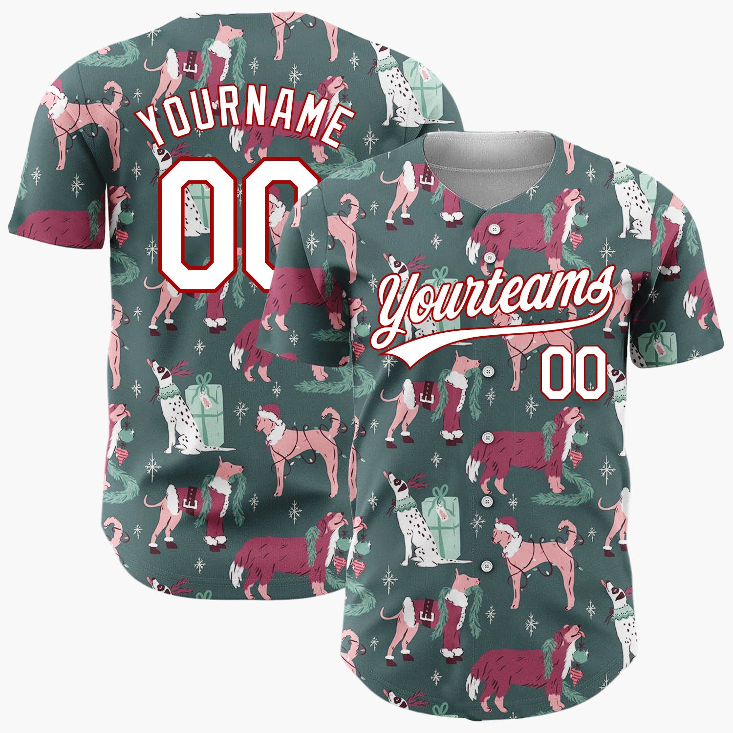 Custom Dark Green Pink Dogs With Presents And Santa Hats Cozy Christmas Baseball Jersey