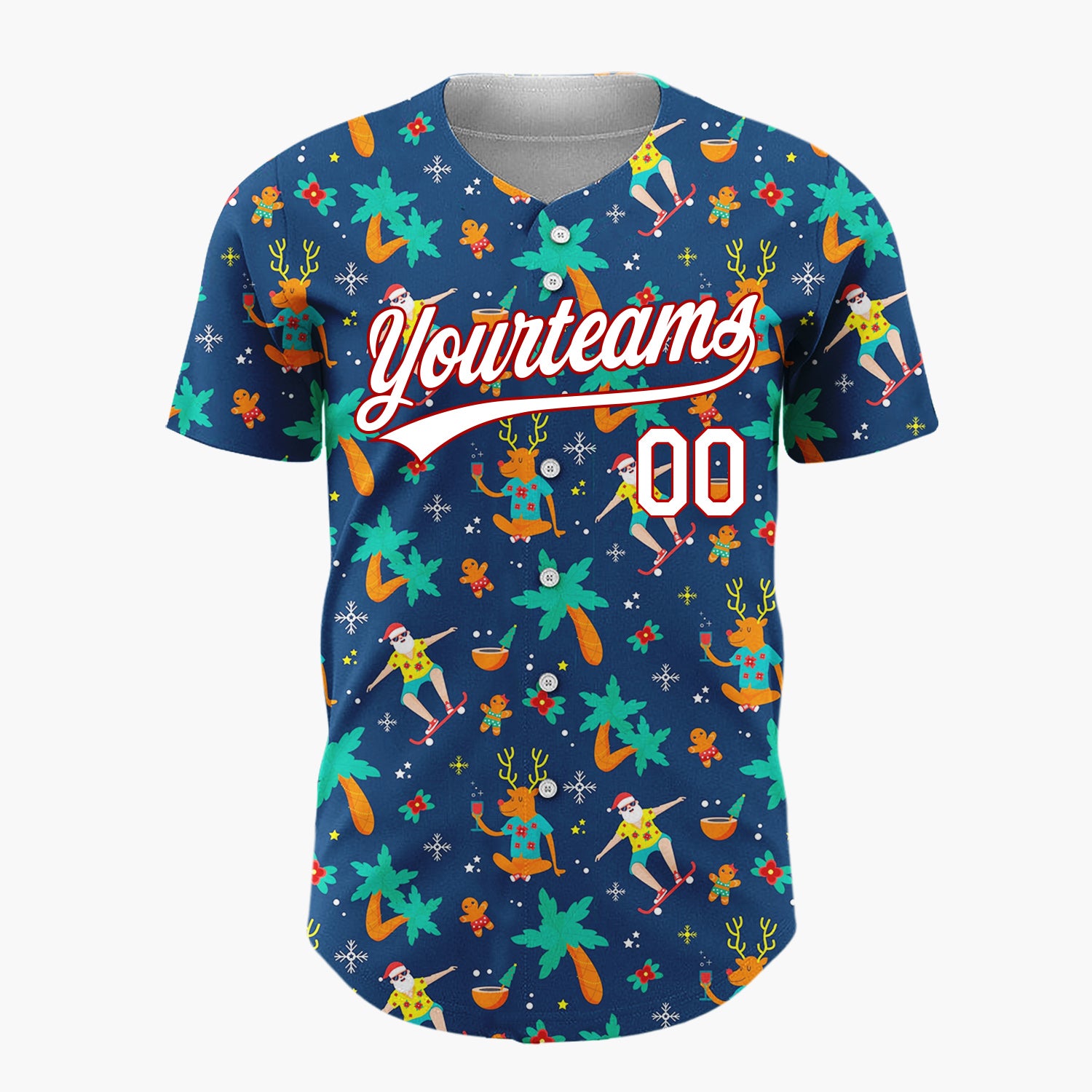 Custom Dark Blue Orange Summer Christmas Reindeer And Santa Surfers Novelty Pattern Christmas Baseball Jersey
