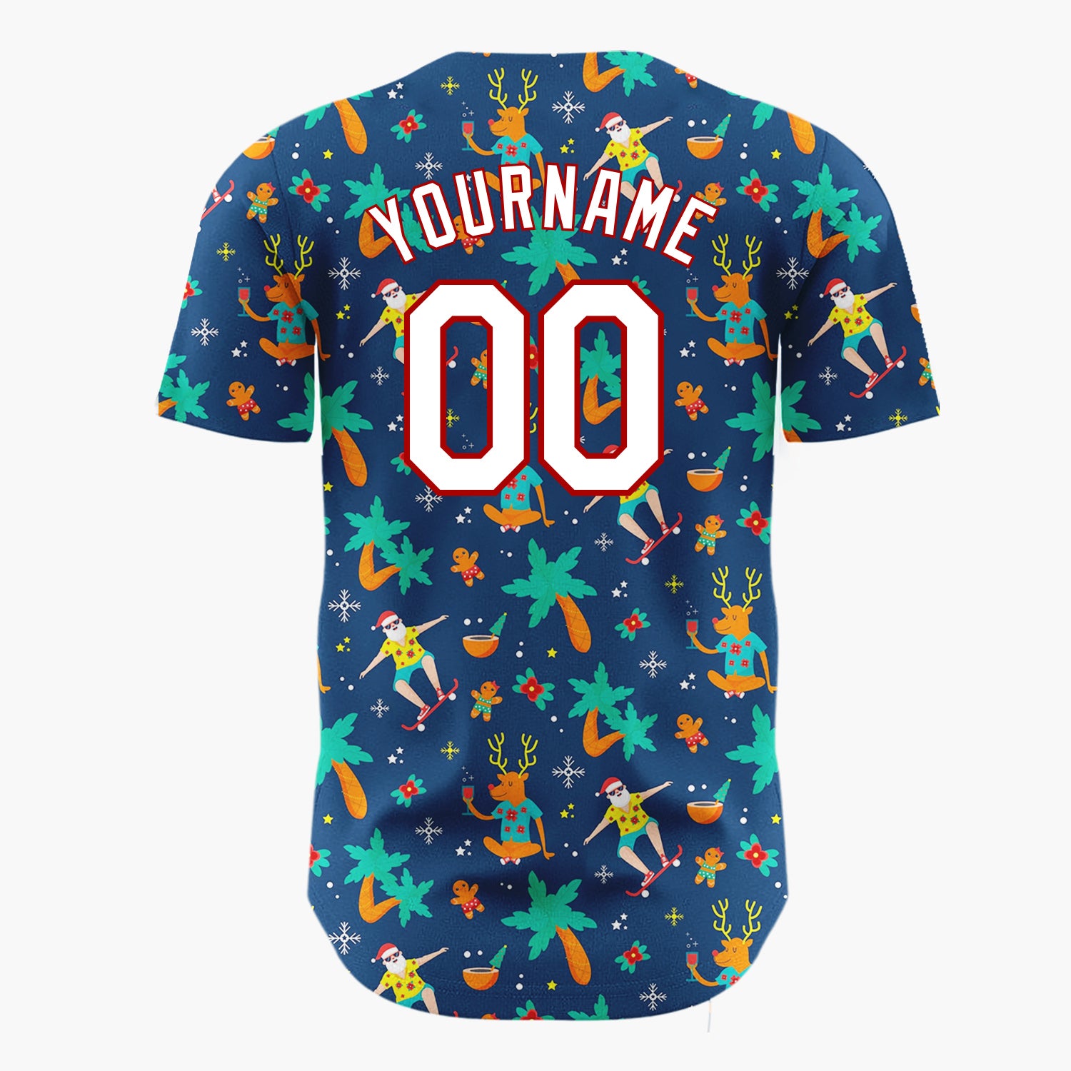 Custom Dark Blue Orange Summer Christmas Reindeer And Santa Surfers Novelty Pattern Christmas Baseball Jersey