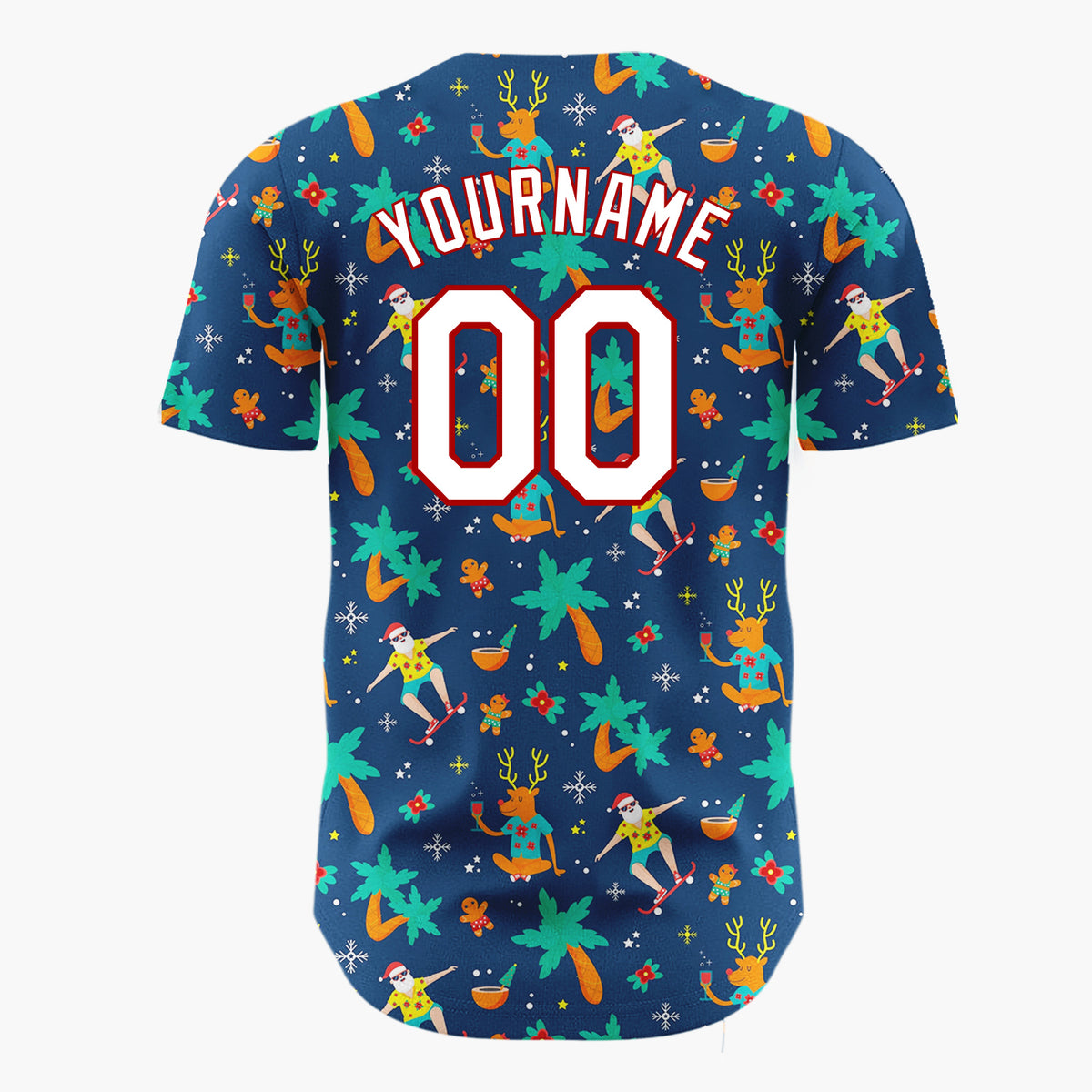 Custom Dark Blue Orange Summer Christmas Reindeer And Santa Surfers Novelty Pattern Christmas Baseball Jersey