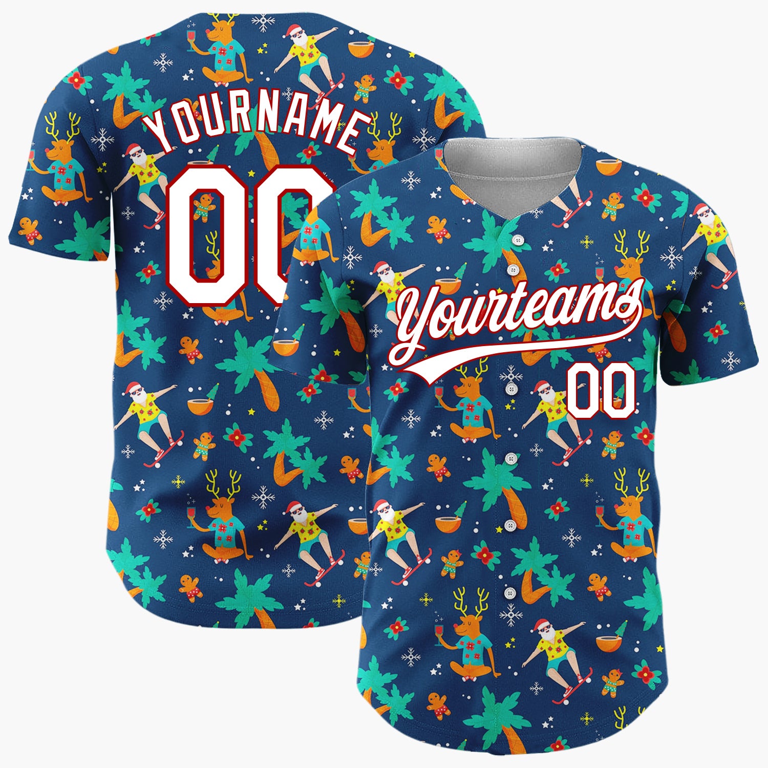 Custom Dark Blue Orange Summer Christmas Reindeer And Santa Surfers Novelty Pattern Christmas Baseball Jersey