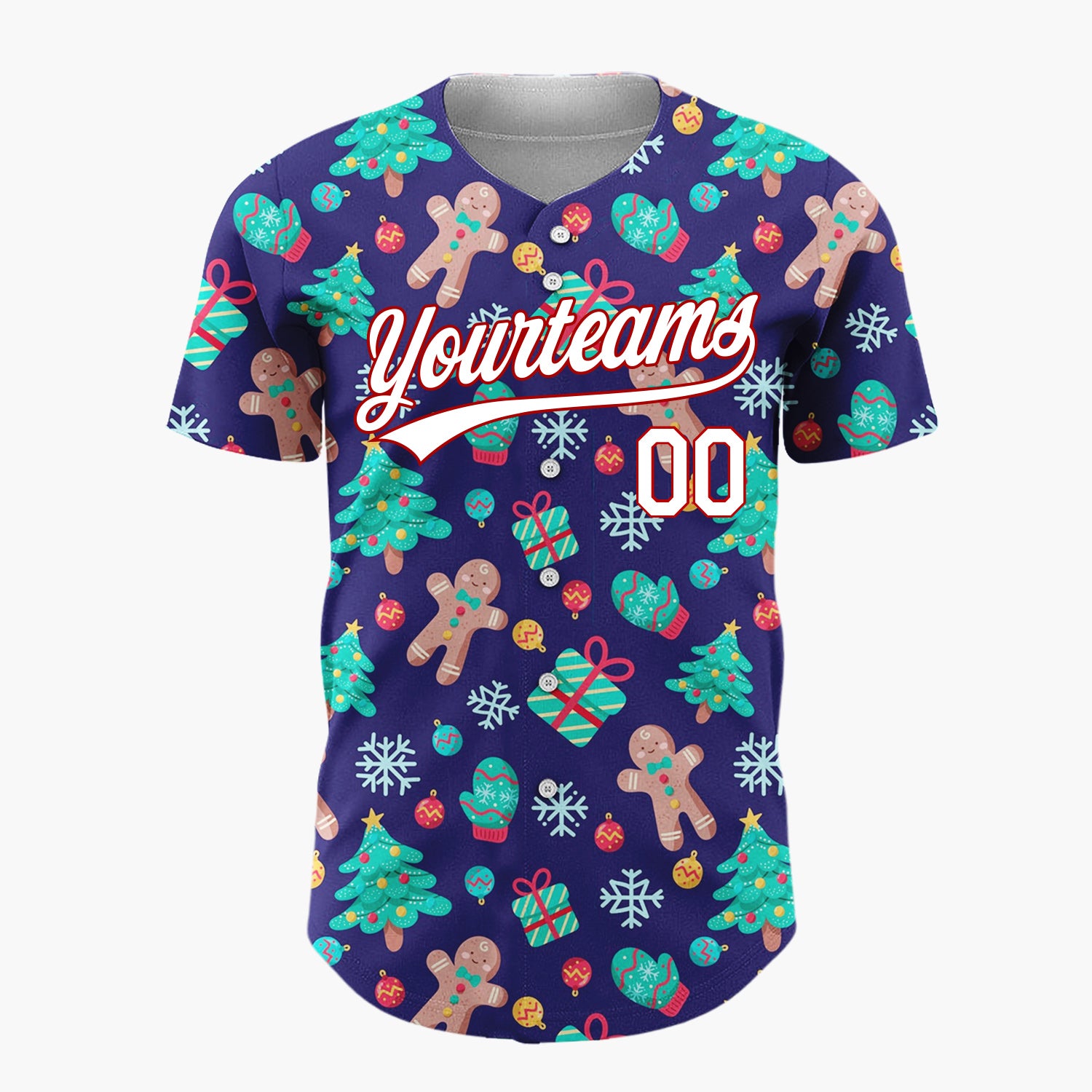 Custom Dark Blue Green Red Gingerbread Man And Tree Christmas Baseball Jersey