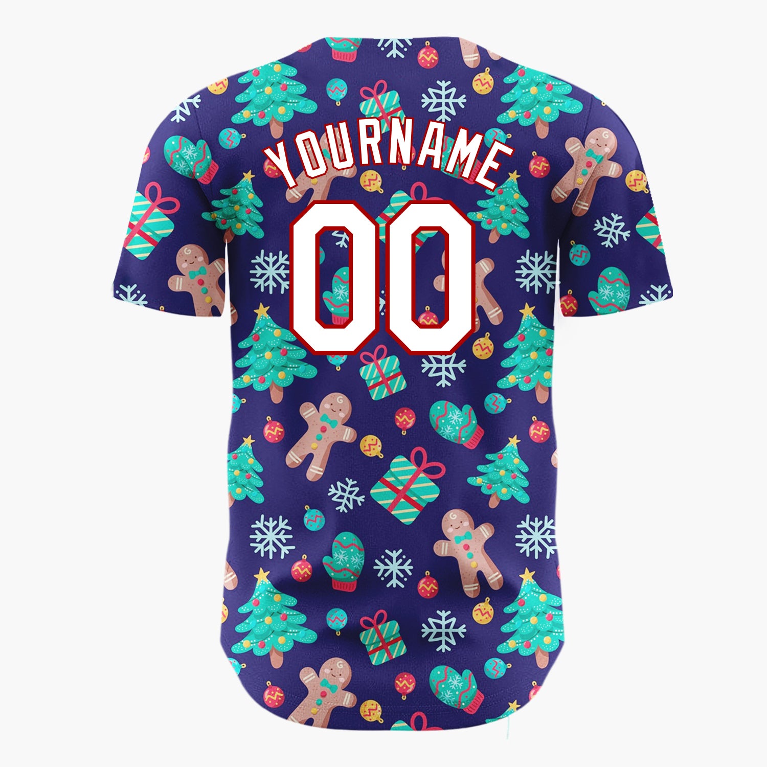 Custom Dark Blue Green Red Gingerbread Man And Tree Christmas Baseball Jersey