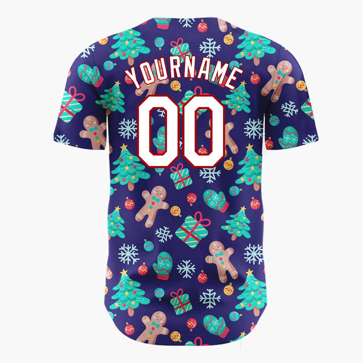 Custom Dark Blue Green Red Gingerbread Man And Tree Christmas Baseball Jersey
