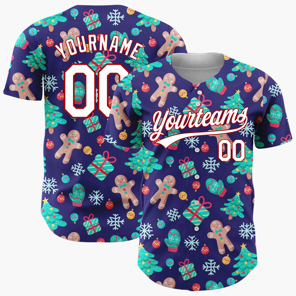 Custom Dark Blue Green Red Gingerbread Man And Tree Christmas Baseball Jersey