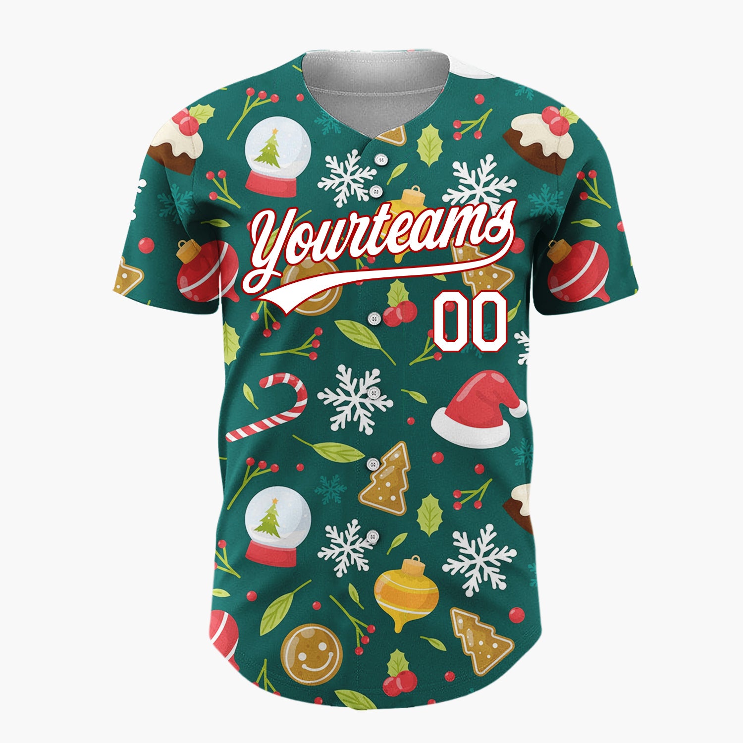 Custom Dark Green Red Gingerbread Hats And Snowflakes Classic Christmas Baseball Jersey