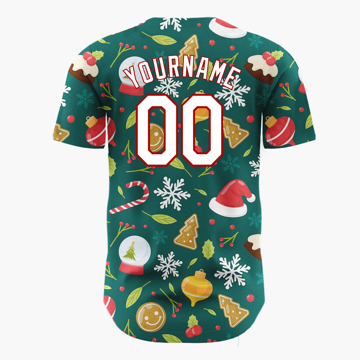Custom Dark Green Red Gingerbread Hats And Snowflakes Classic Christmas Baseball Jersey