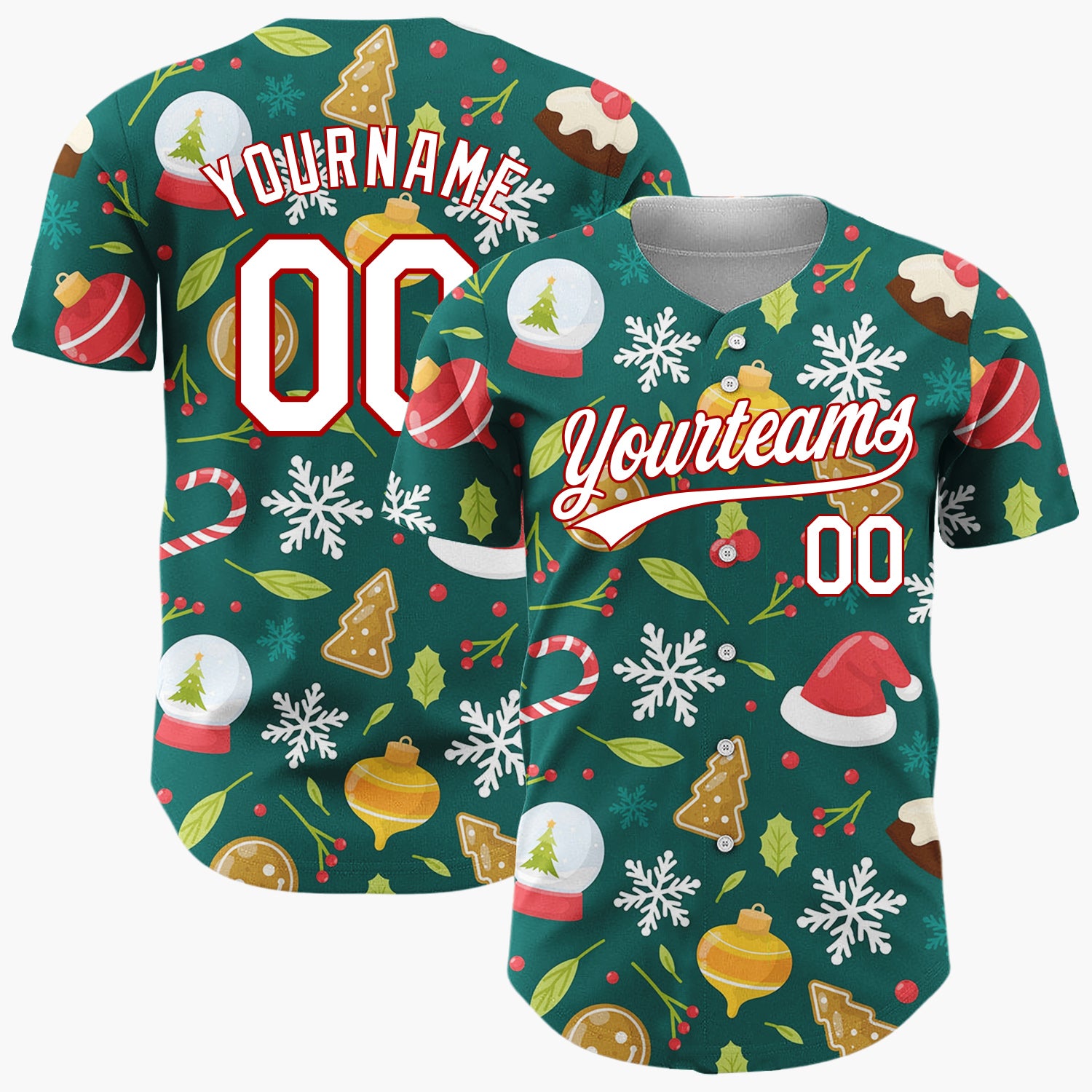 Custom Dark Green Red Gingerbread Hats And Snowflakes Classic Christmas Baseball Jersey