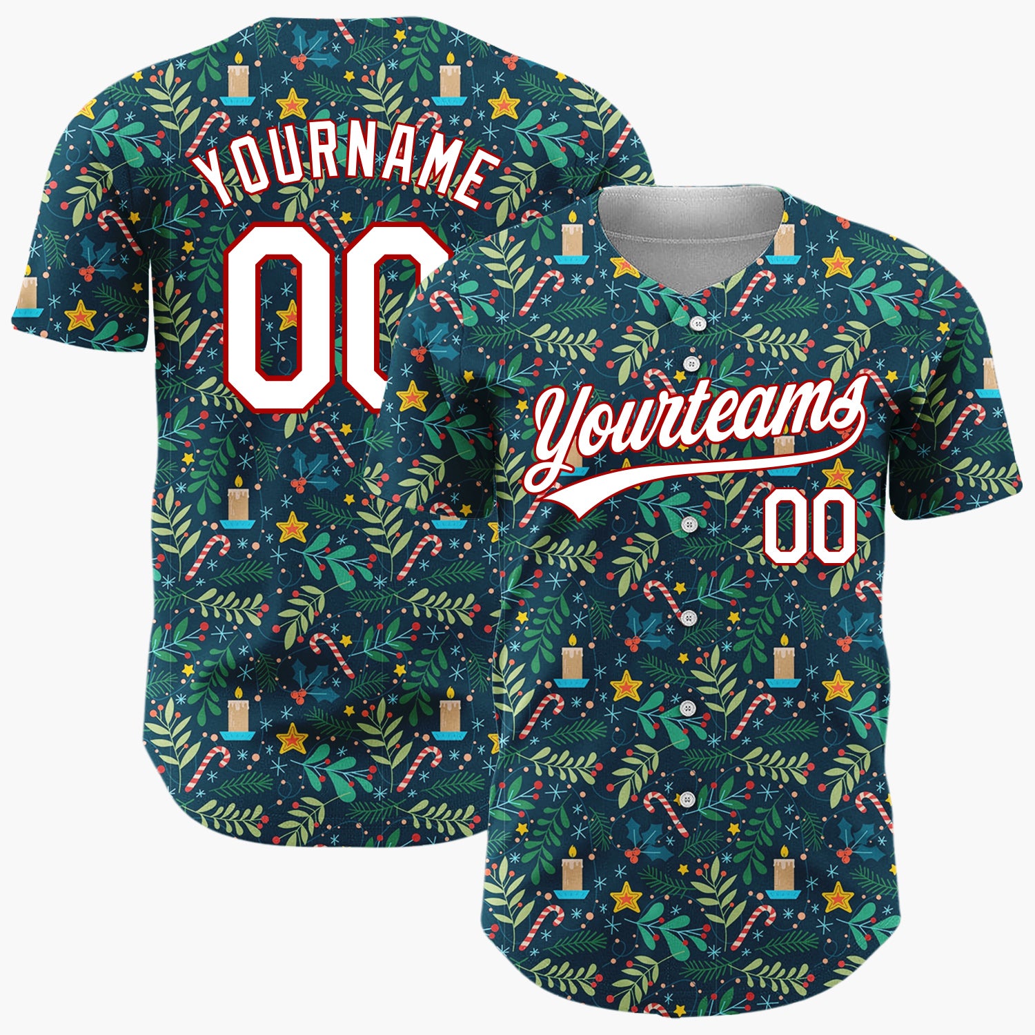 Custom Dark Green Christmas Foliage Deer Minimalist Pattern Christmas Baseball Jersey