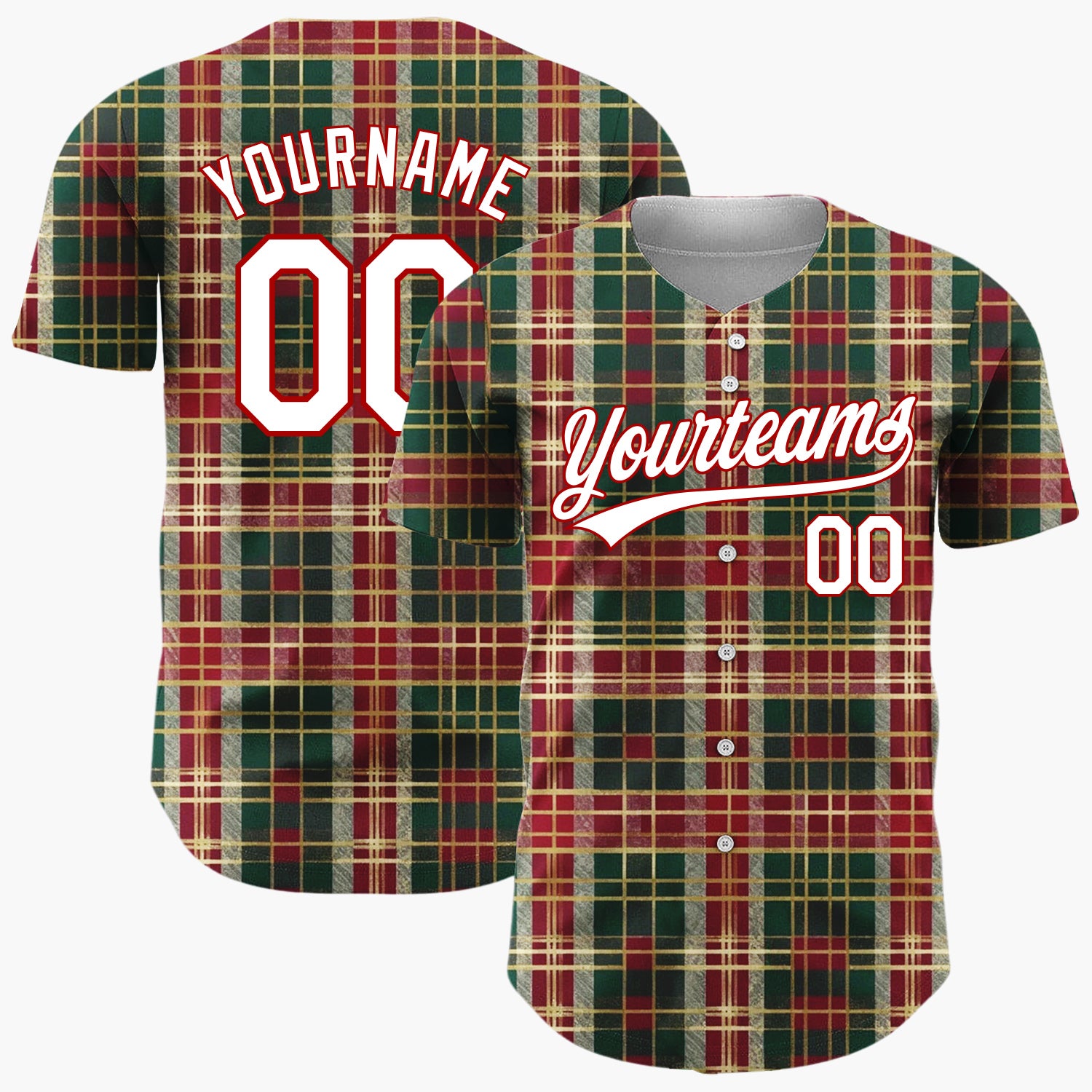 Custom Dark Green Plaid Festive Tartan Plaid Pattern Christmas Baseball Jersey