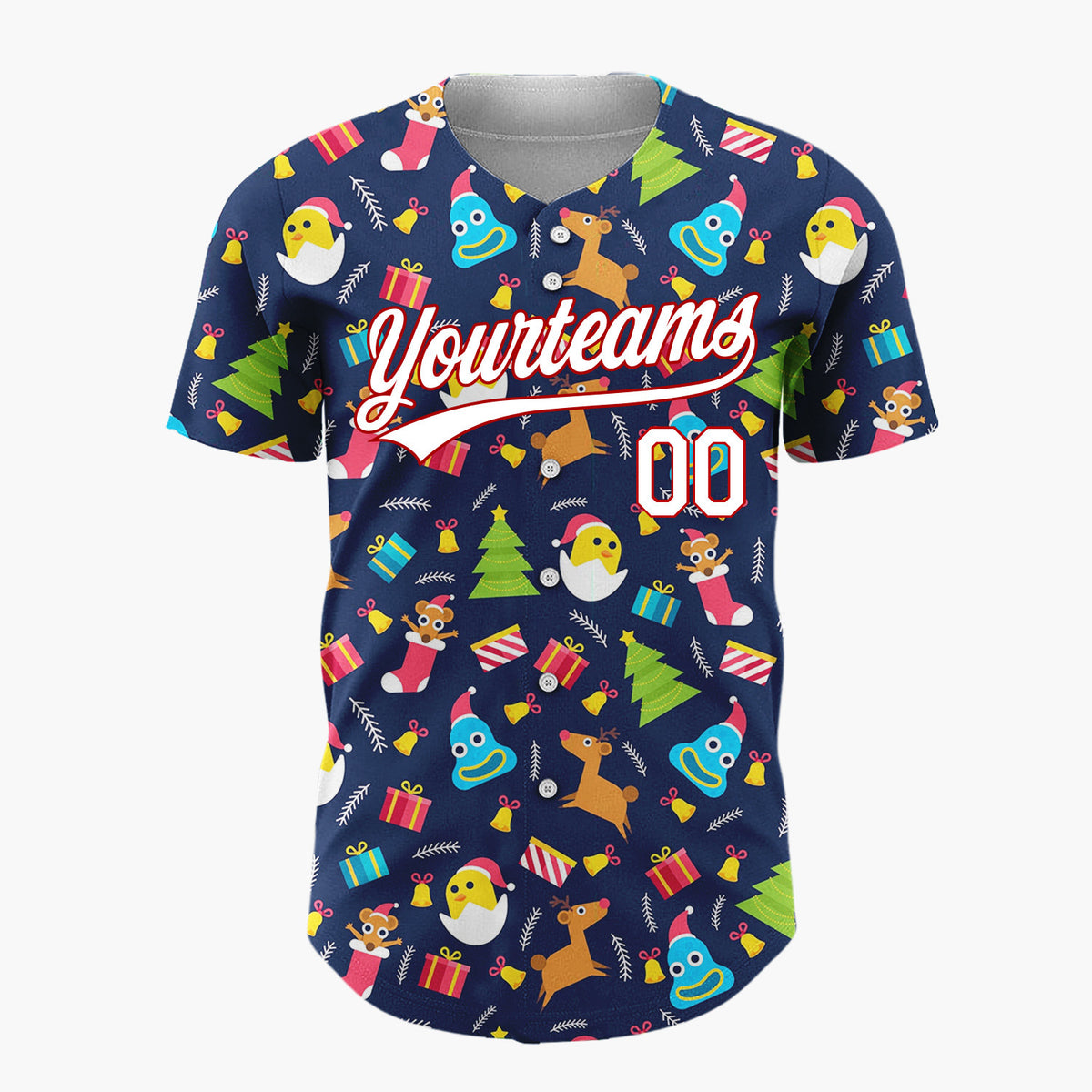 Custom Dark Blue Multicolor Reindeer Chick Stocking Cute Christmas Baseball Jersey