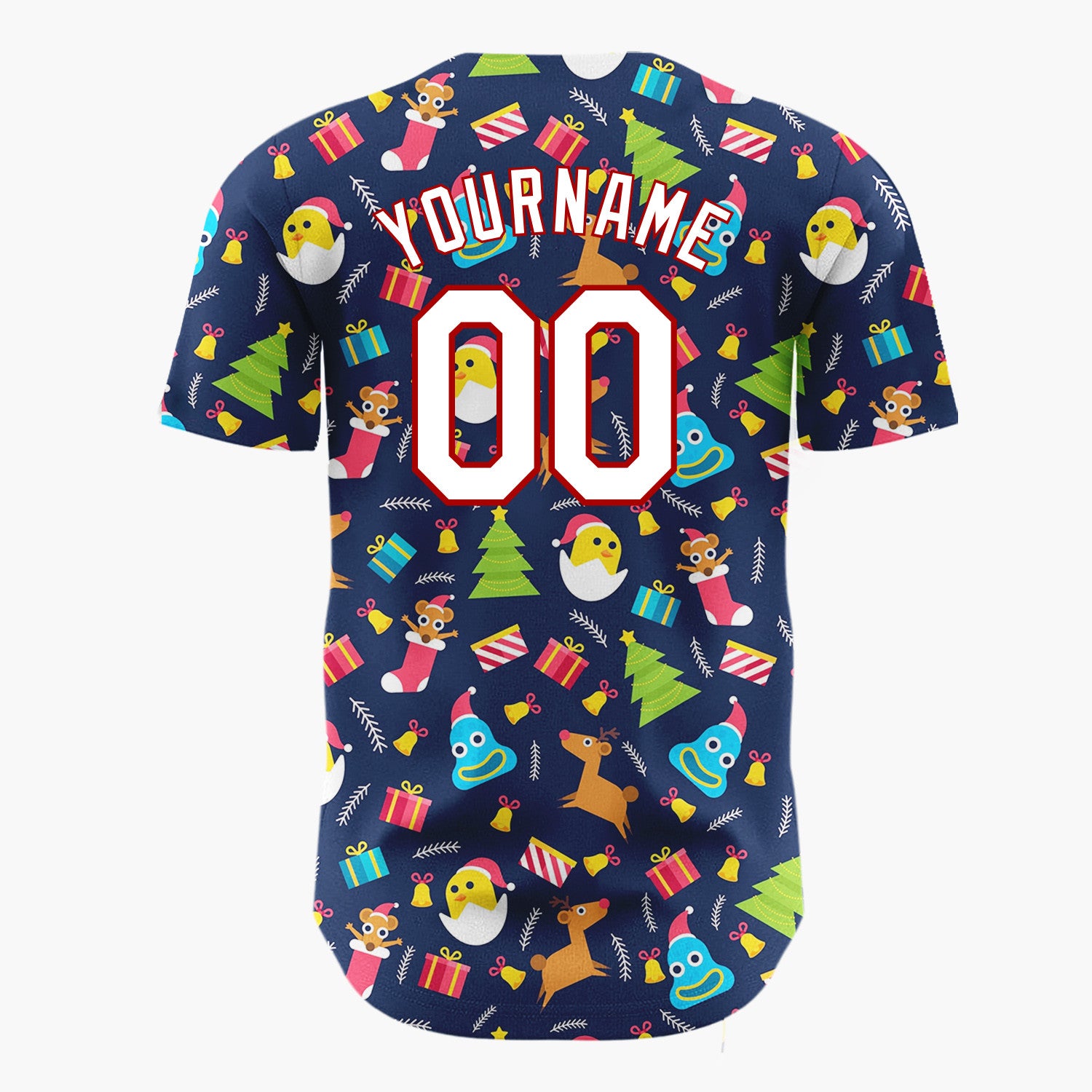 Custom Dark Blue Multicolor Reindeer Chick Stocking Cute Christmas Baseball Jersey