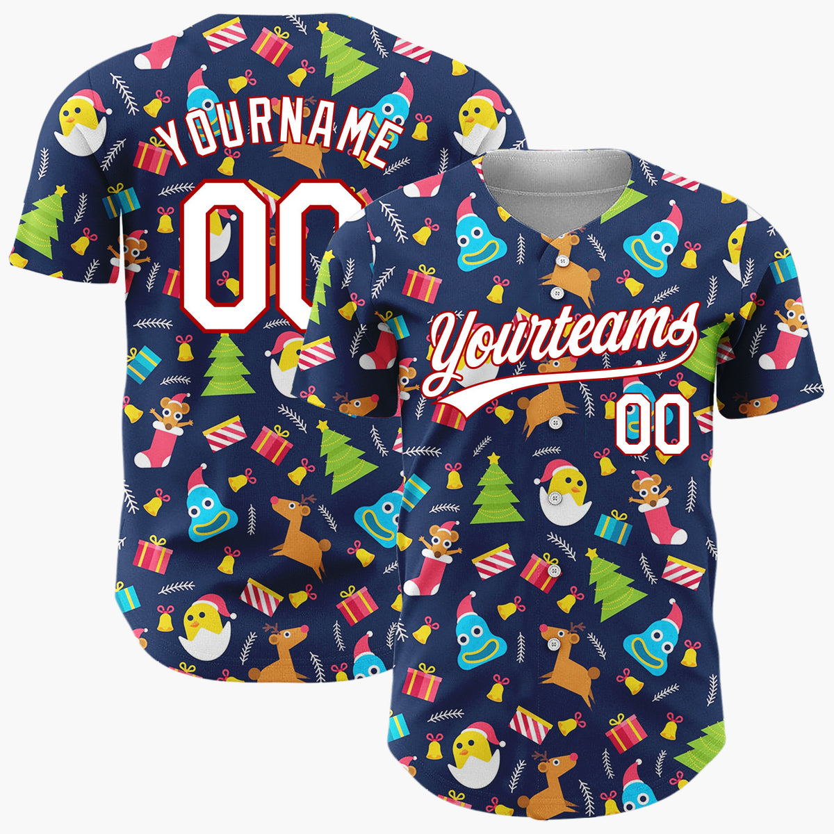 Custom Dark Blue Multicolor Reindeer Chick Stocking Cute Christmas Baseball Jersey