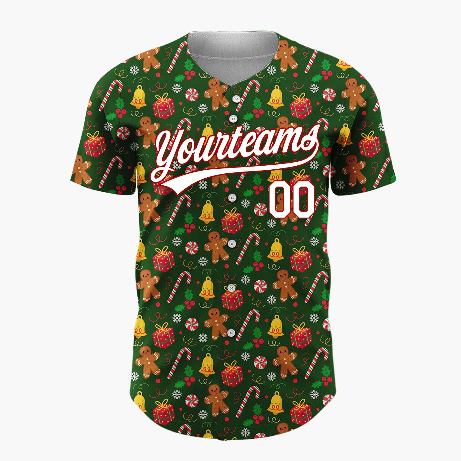 Custom Dark Green Candy Canes Holly Doodles Cartoon Pattern Christmas Baseball Jersey
