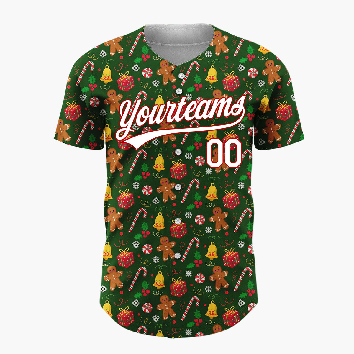 Custom Dark Green Candy Canes Holly Doodles Cartoon Pattern Christmas Baseball Jersey