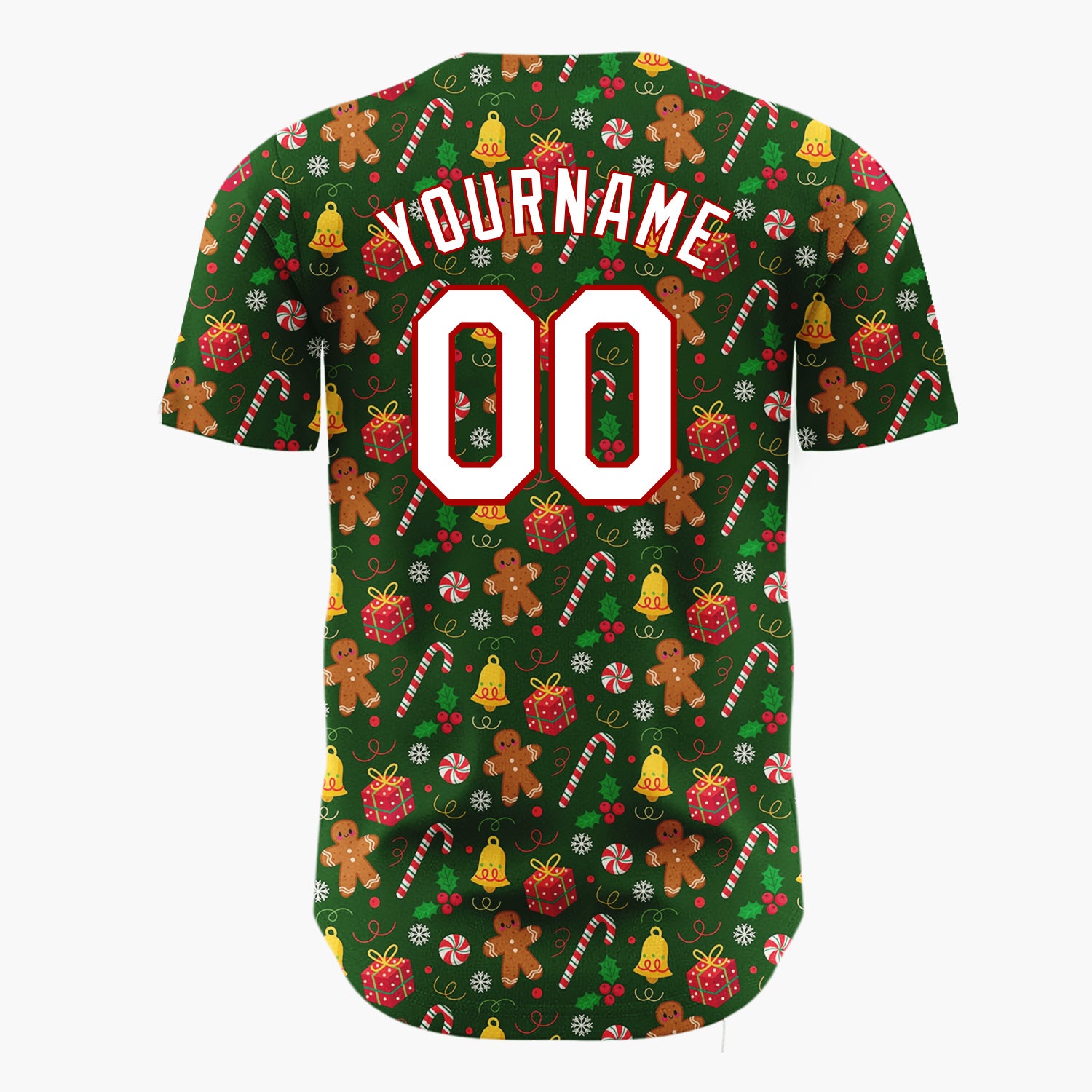Custom Dark Green Candy Canes Holly Doodles Cartoon Pattern Christmas Baseball Jersey