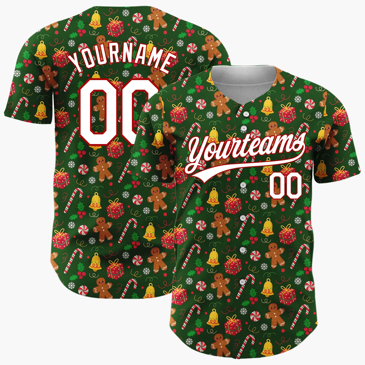 Custom Dark Green Candy Canes Holly Doodles Cartoon Pattern Christmas Baseball Jersey