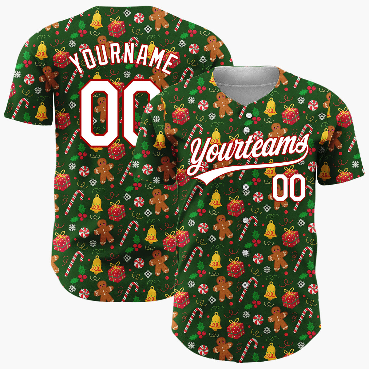 Custom Dark Green Candy Canes Holly Doodles Cartoon Pattern Christmas Baseball Jersey