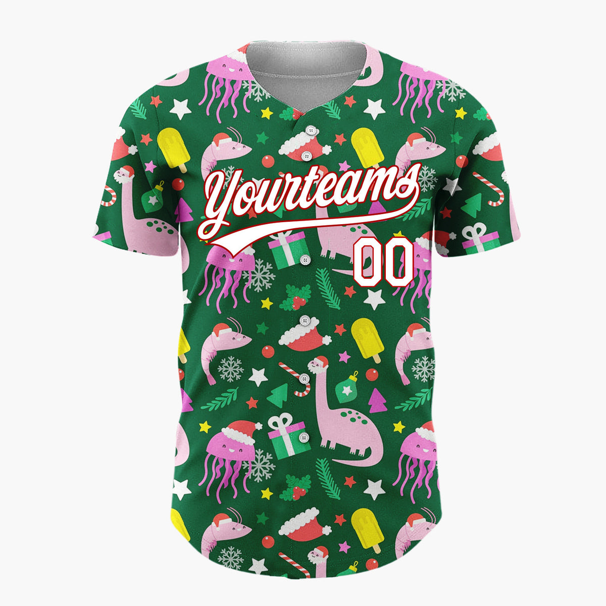 Custom Dark Green Dinosaurs Jellyfish And Gifts Funny Holiday Pattern Christmas Baseball Jersey