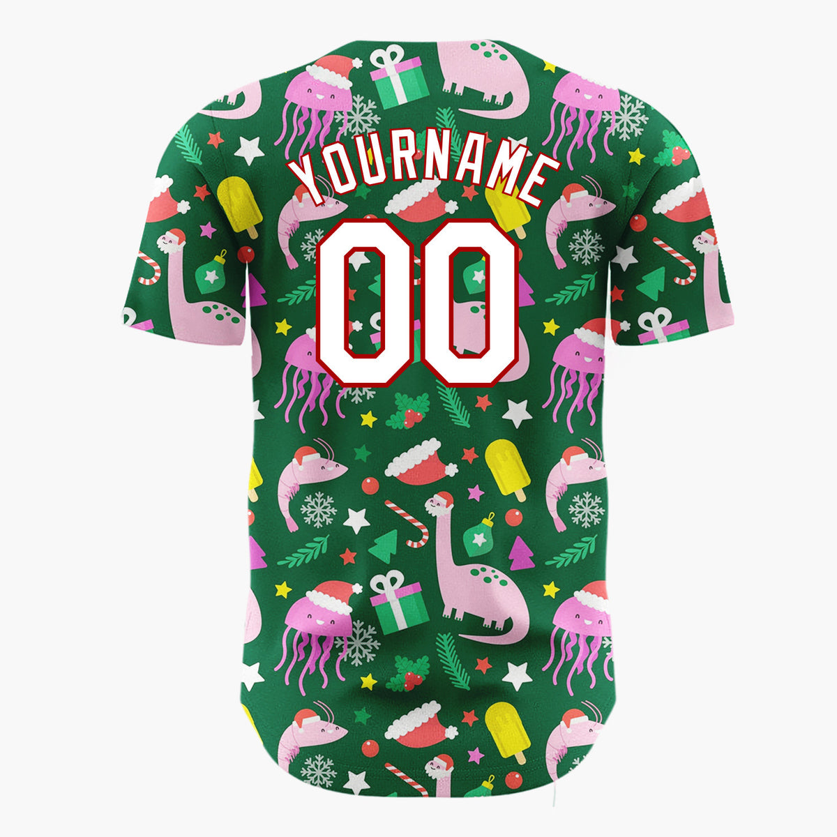 Custom Dark Green Dinosaurs Jellyfish And Gifts Funny Holiday Pattern Christmas Baseball Jersey