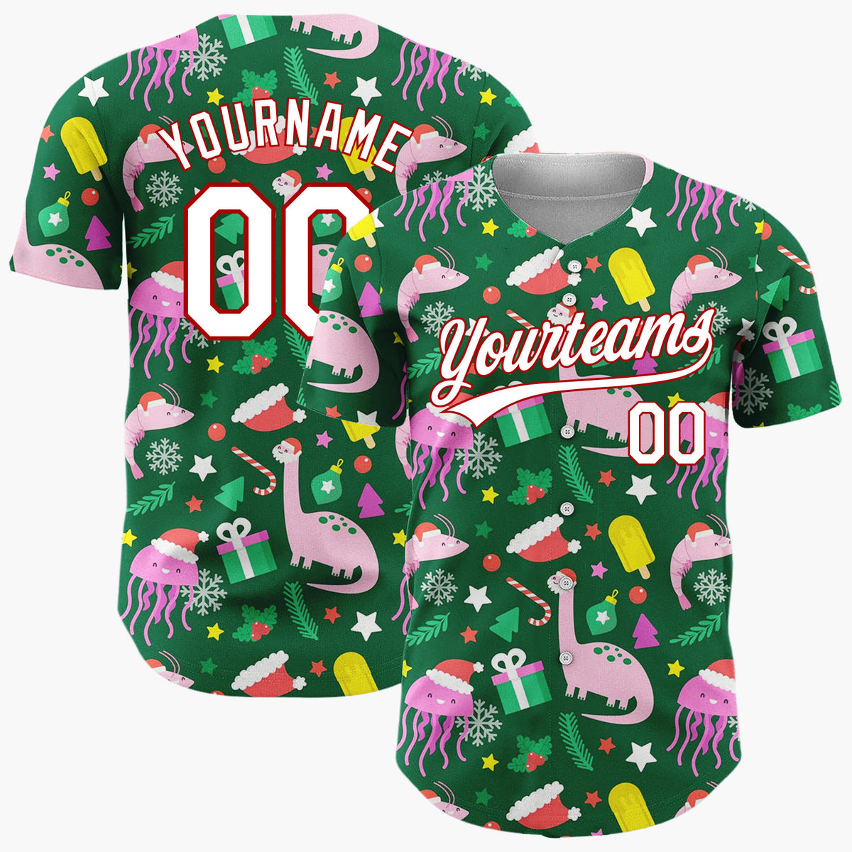 Custom Dark Green Dinosaurs Jellyfish And Gifts Funny Holiday Pattern Christmas Baseball Jersey