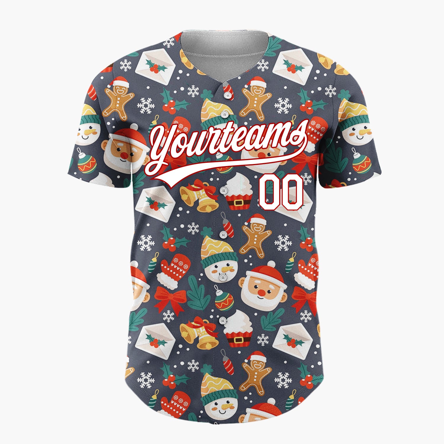 Custom Dark Gray Red Green Santa Snowmen And Gingerbread Whimsical Holiday Pattern Christmas Baseball Jersey