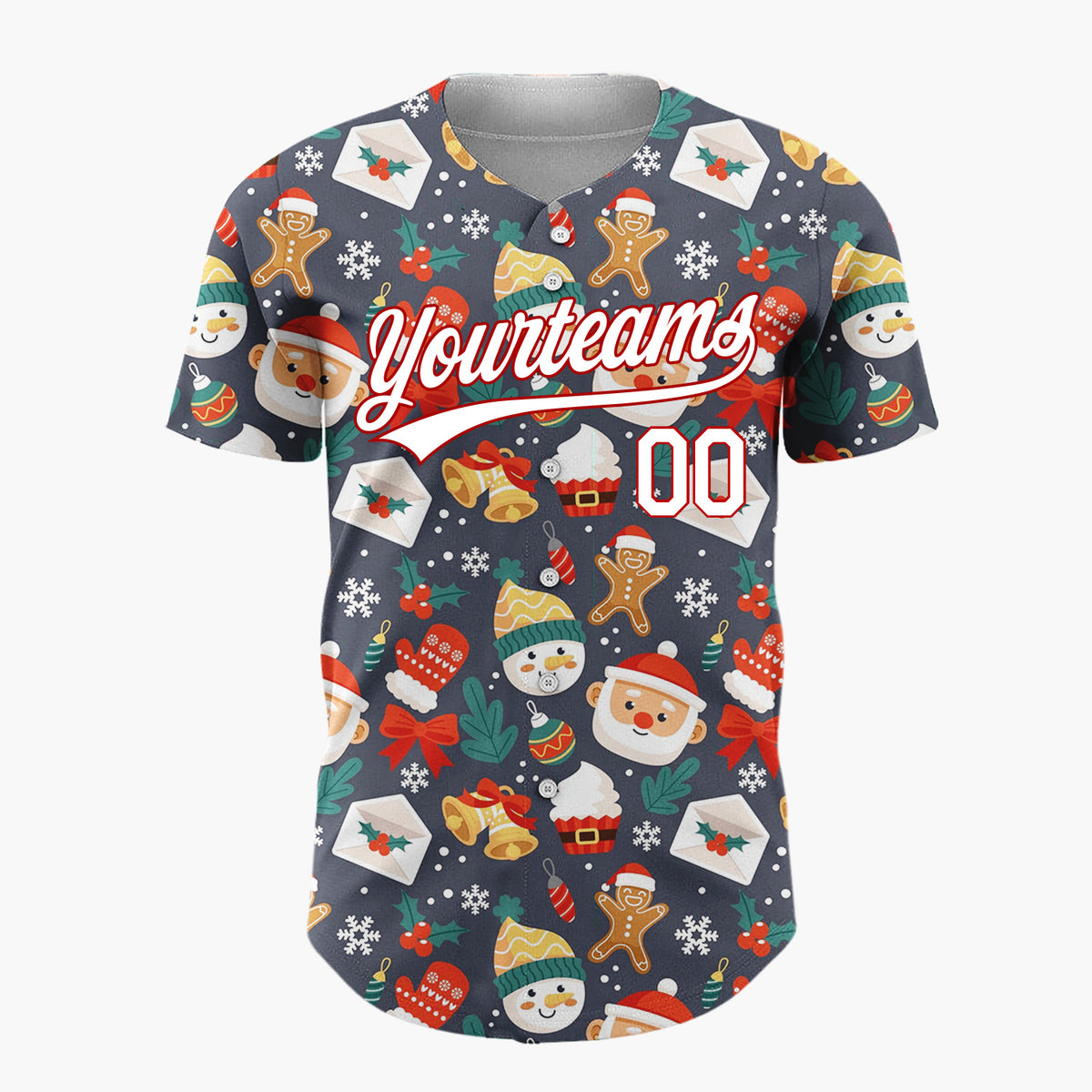 Custom Dark Gray Red Green Santa Snowmen And Gingerbread Whimsical Holiday Pattern Christmas Baseball Jersey