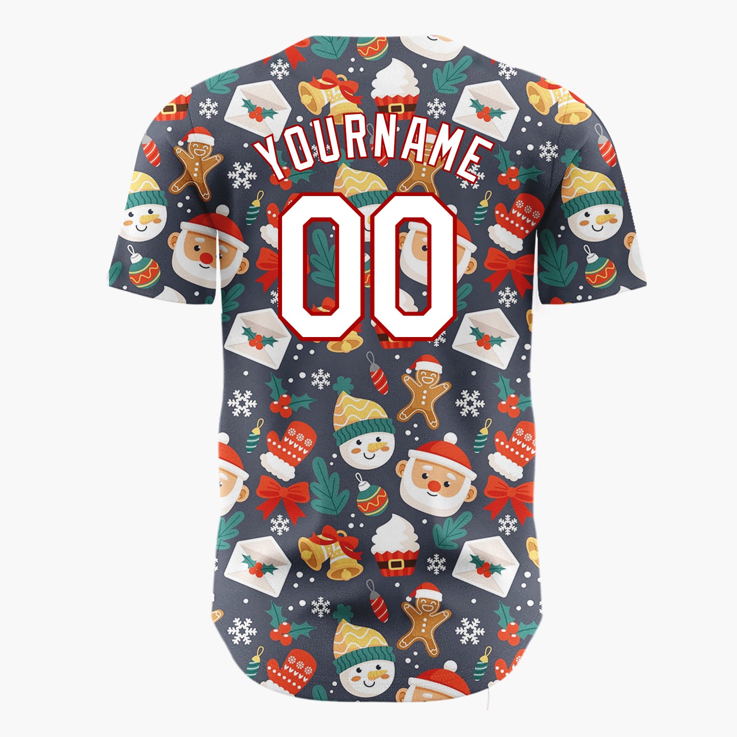 Custom Dark Gray Red Green Santa Snowmen And Gingerbread Whimsical Holiday Pattern Christmas Baseball Jersey