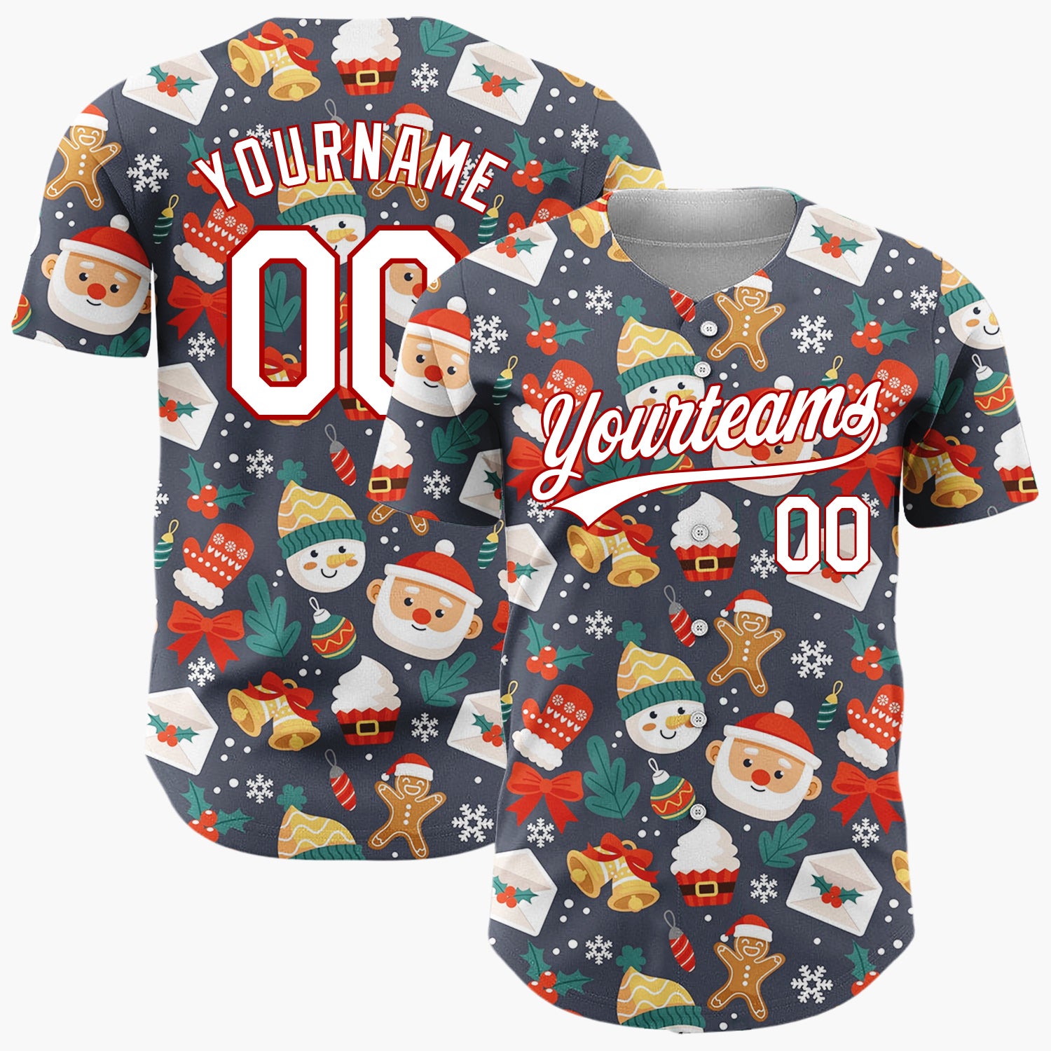 Custom Dark Gray Red Green Santa Snowmen And Gingerbread Whimsical Holiday Pattern Christmas Baseball Jersey