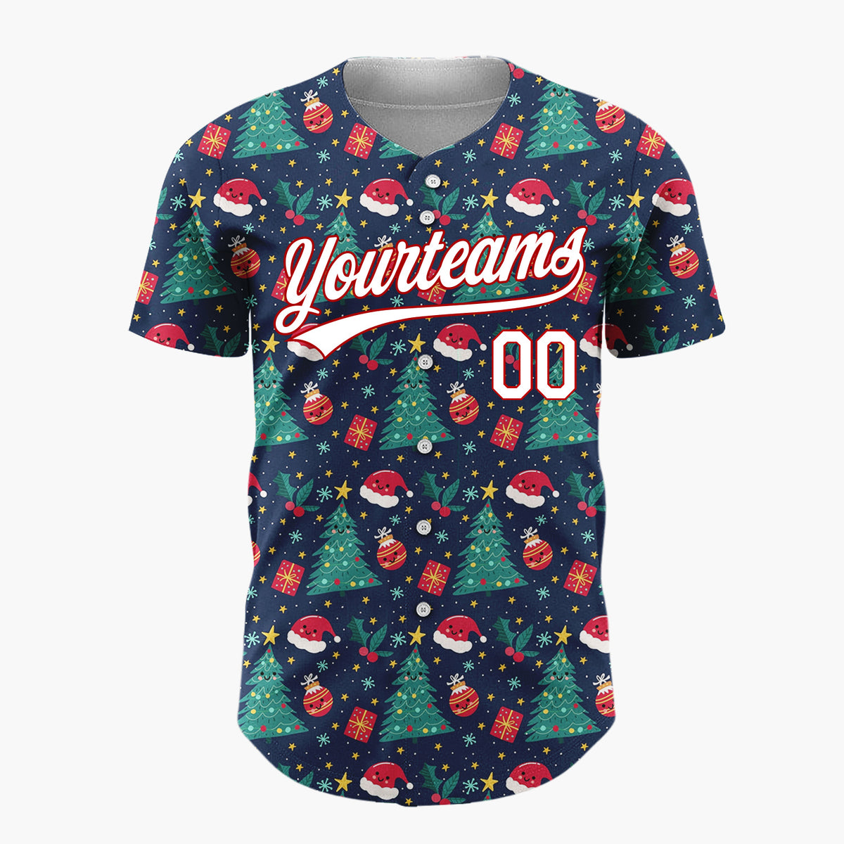 Custom Dark Blue Santa Christmas Trees Cartoon Pattern Christmas Baseball Jersey