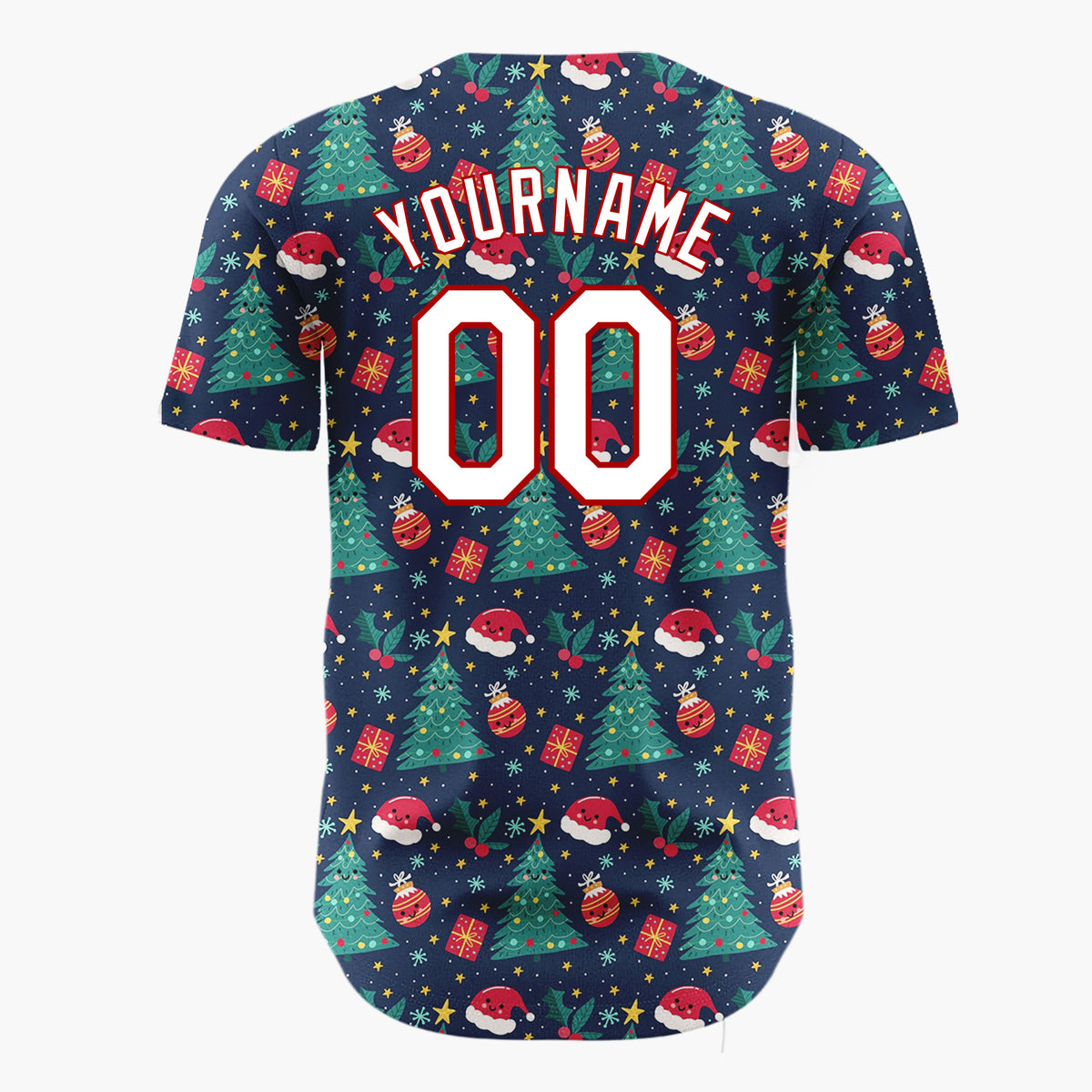 Custom Dark Blue Santa Christmas Trees Cartoon Pattern Christmas Baseball Jersey