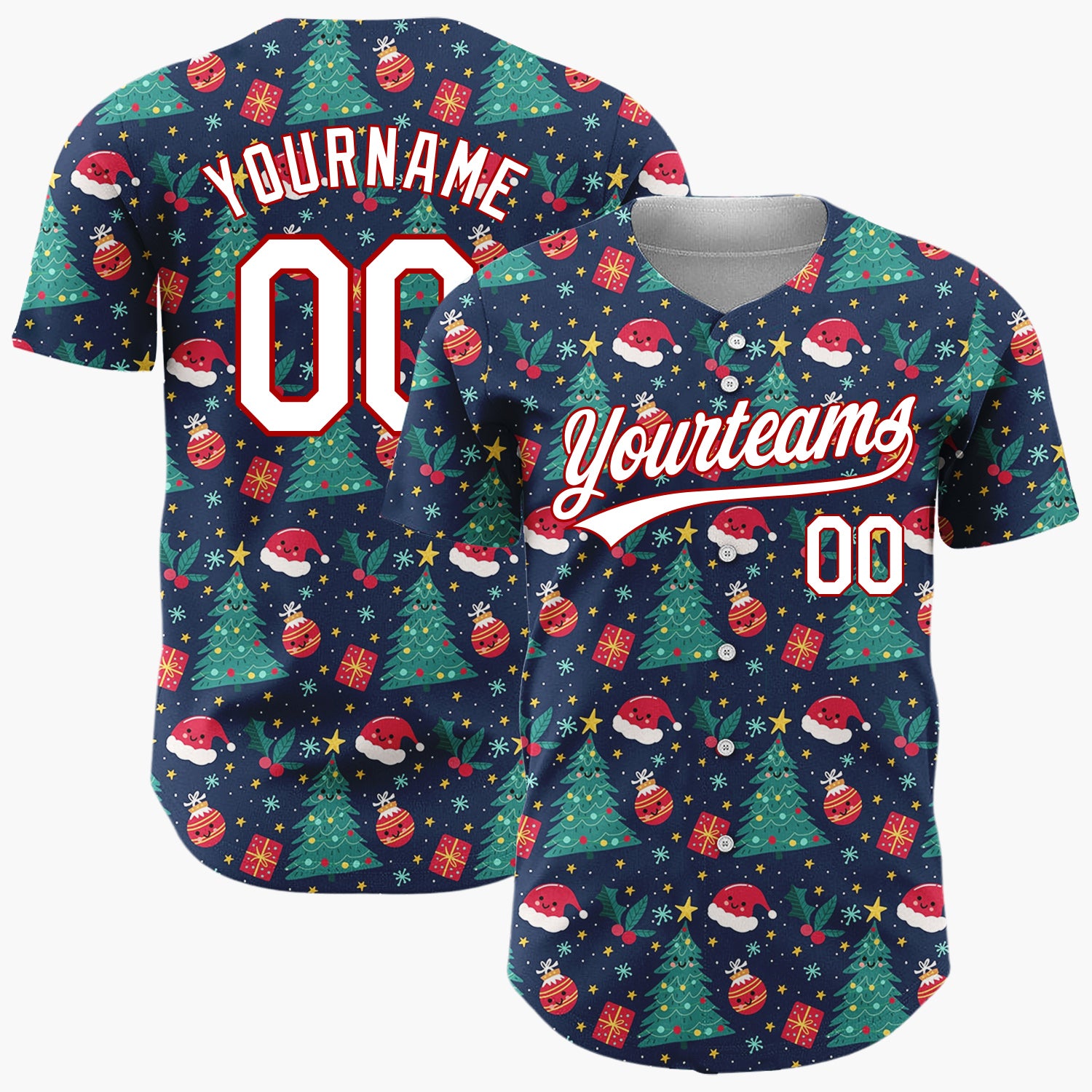 Custom Dark Blue Santa Christmas Trees Cartoon Pattern Christmas Baseball Jersey