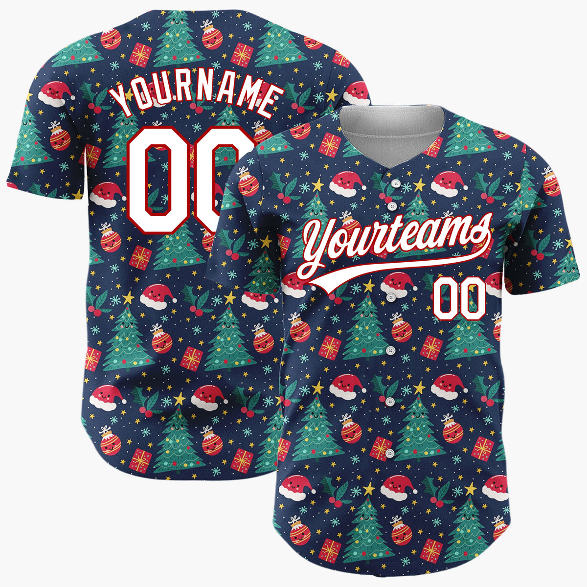 Custom Dark Blue Santa Christmas Trees Cartoon Pattern Christmas Baseball Jersey