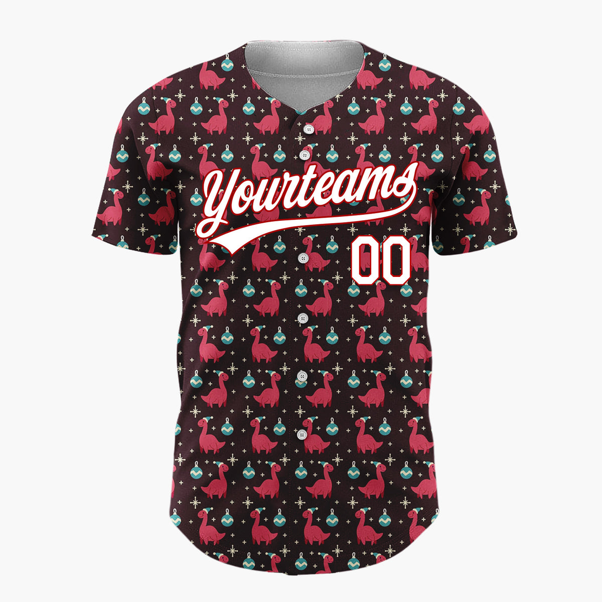 Custom Dark Brown Red Blue Dinosaurs And Ornaments Funny Christmas Baseball Jersey