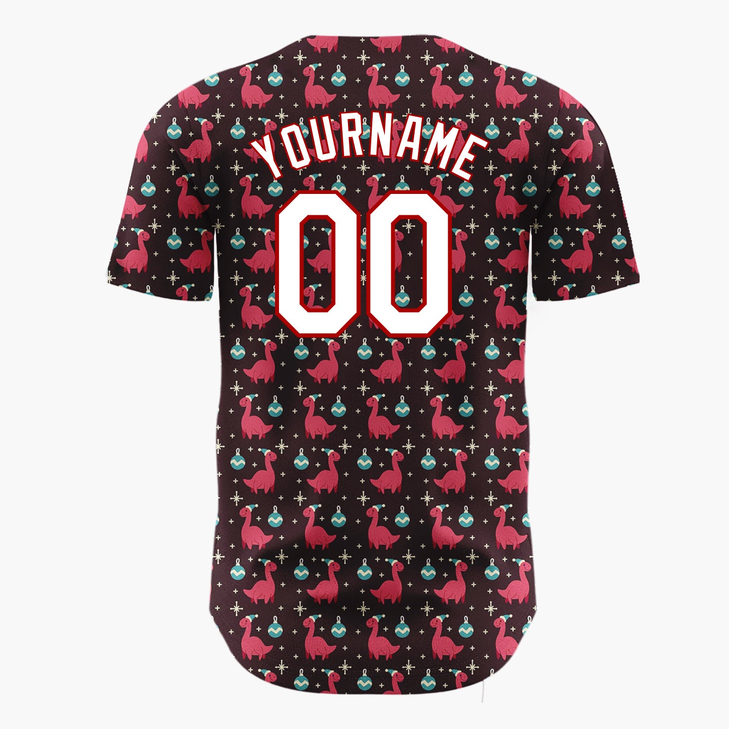 Custom Dark Brown Red Blue Dinosaurs And Ornaments Funny Christmas Baseball Jersey