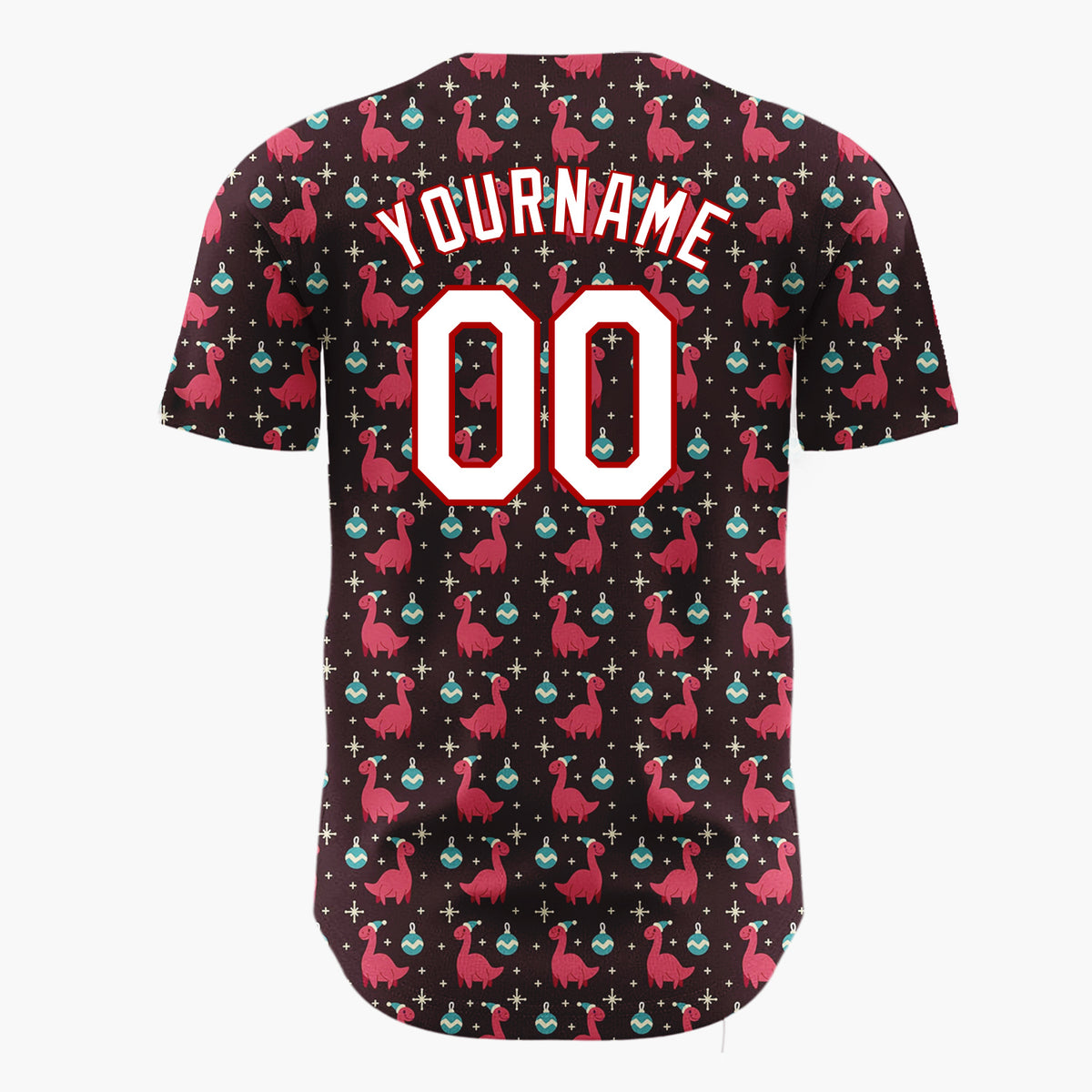 Custom Dark Brown Red Blue Dinosaurs And Ornaments Funny Christmas Baseball Jersey