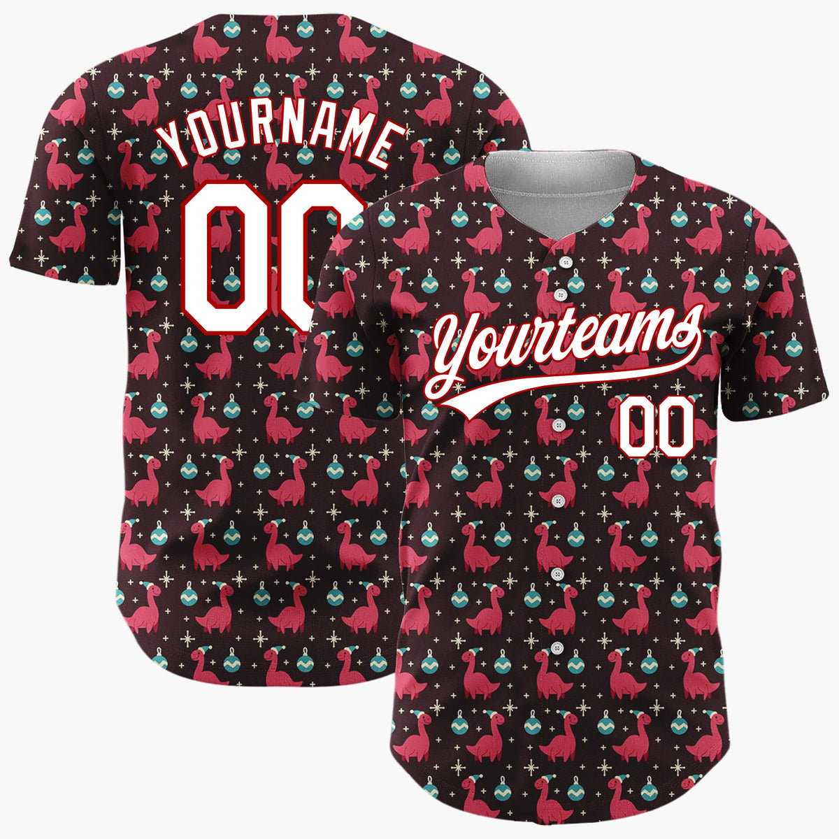 Custom Dark Brown Red Blue Dinosaurs And Ornaments Funny Christmas Baseball Jersey