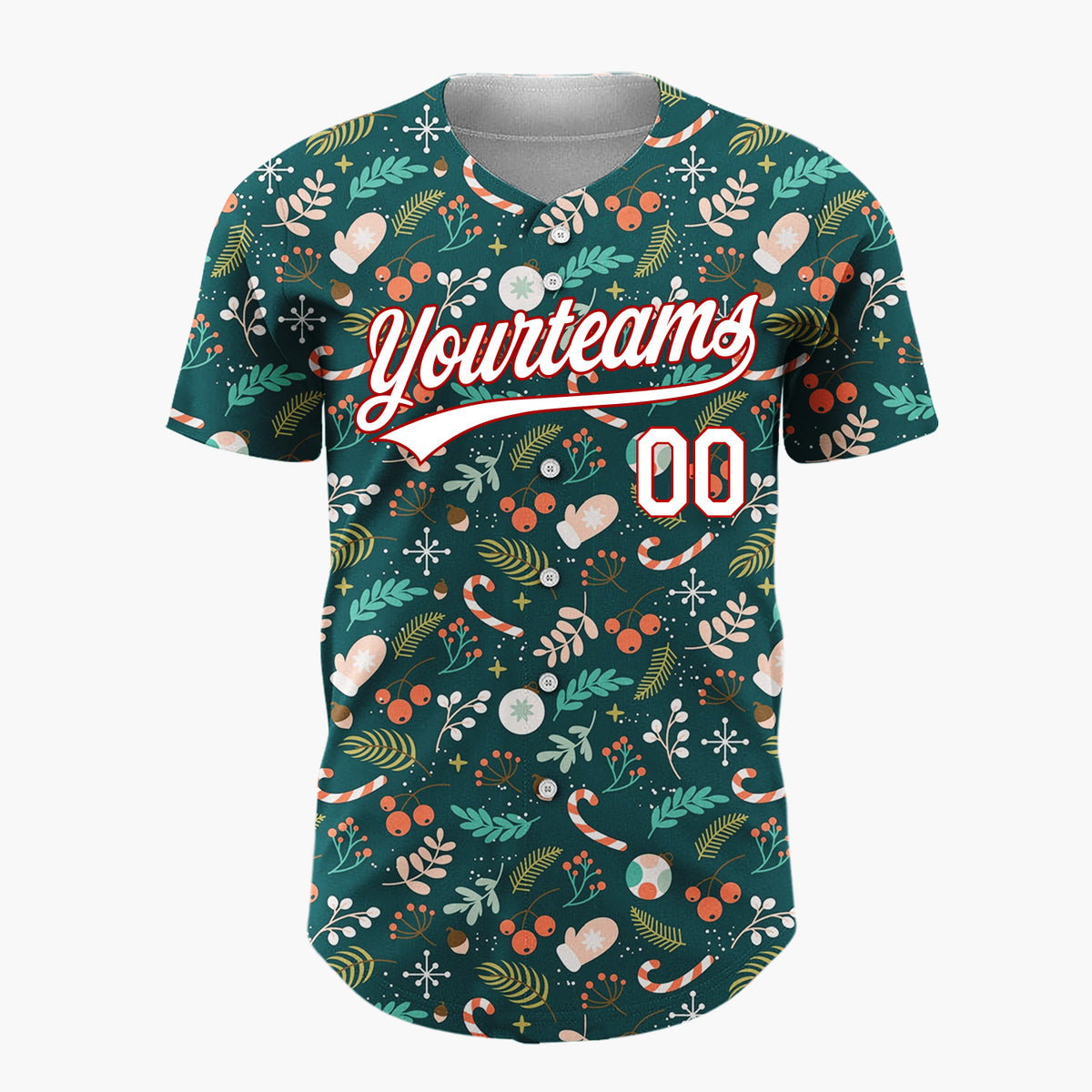 Custom Dark Green Christmas Foliage Berries Cartoon Pattern Christmas Baseball Jersey