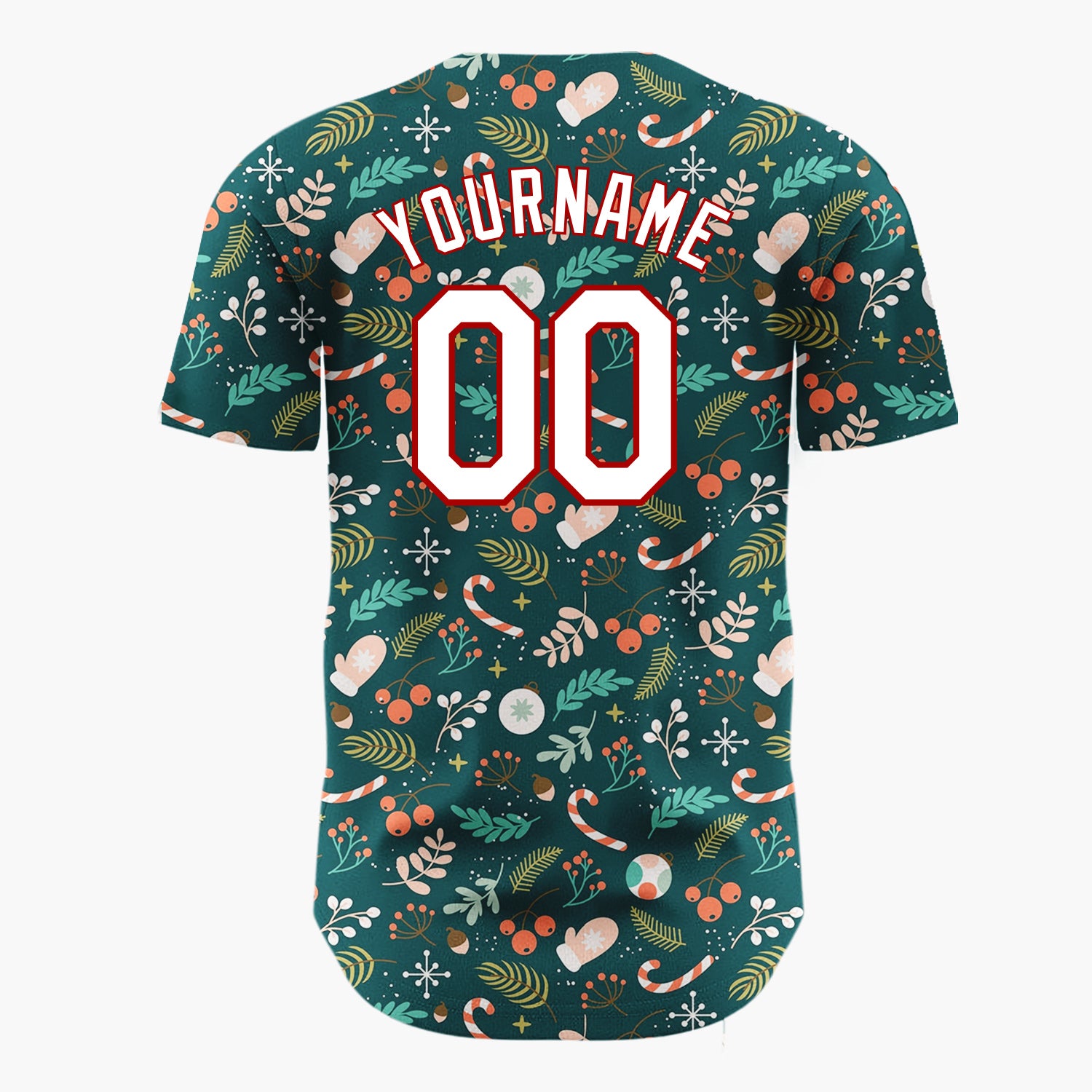 Custom Dark Green Christmas Foliage Berries Cartoon Pattern Christmas Baseball Jersey