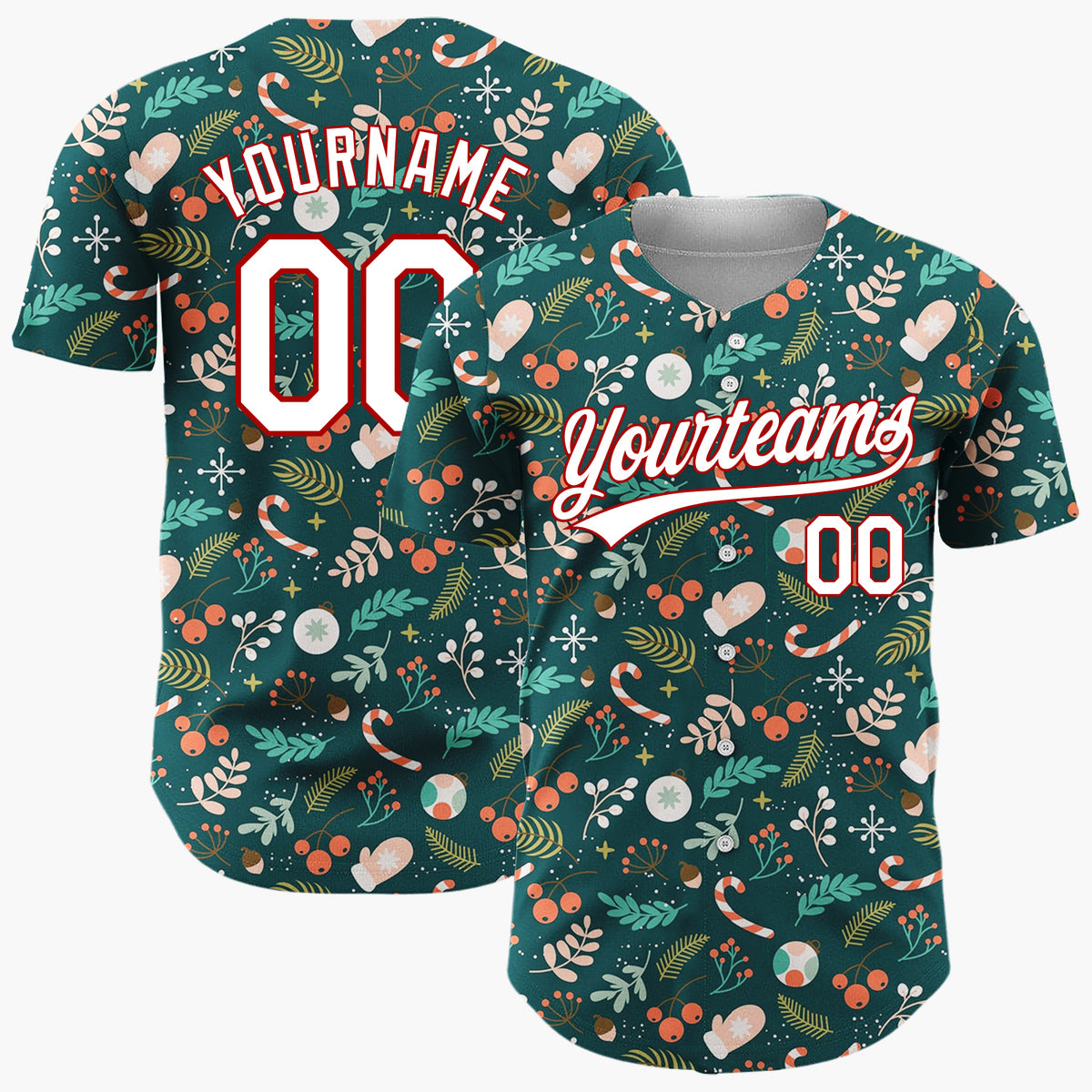 Custom Dark Green Christmas Foliage Berries Cartoon Pattern Christmas Baseball Jersey