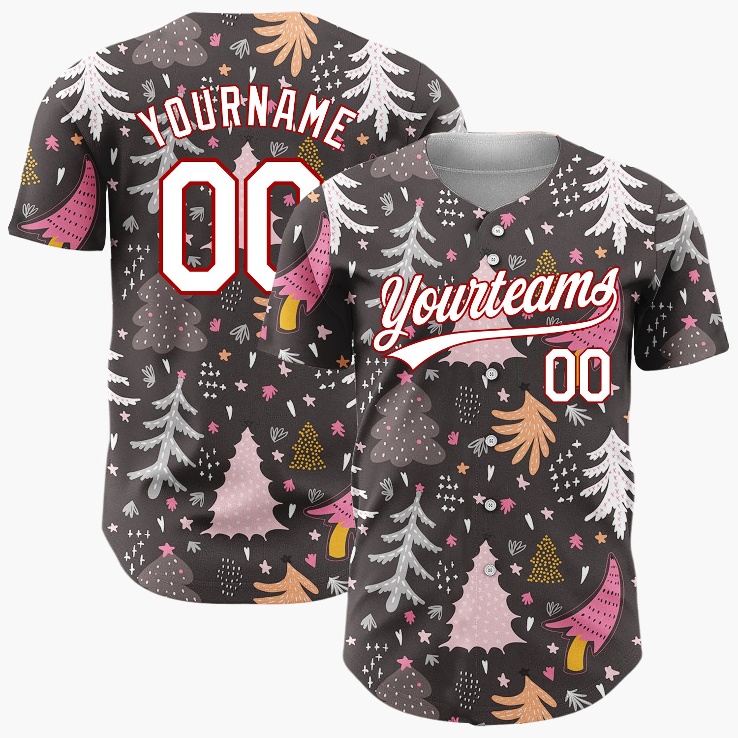 Custom Dark Gray Abstract Colorful Winter Trees Stars Modern Folk Christmas Baseball Jersey