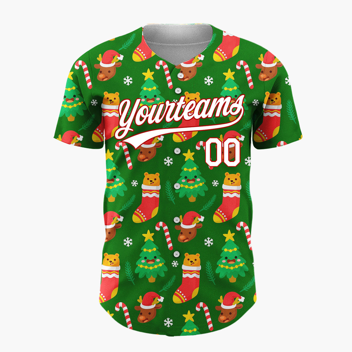 Custom Dark Green Festive Bear Christmas Elements Pattern Christmas Baseball Jersey