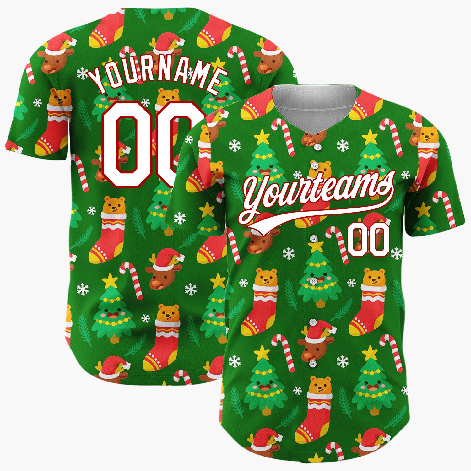 Custom Dark Green Festive Bear Christmas Elements Pattern Christmas Baseball Jersey