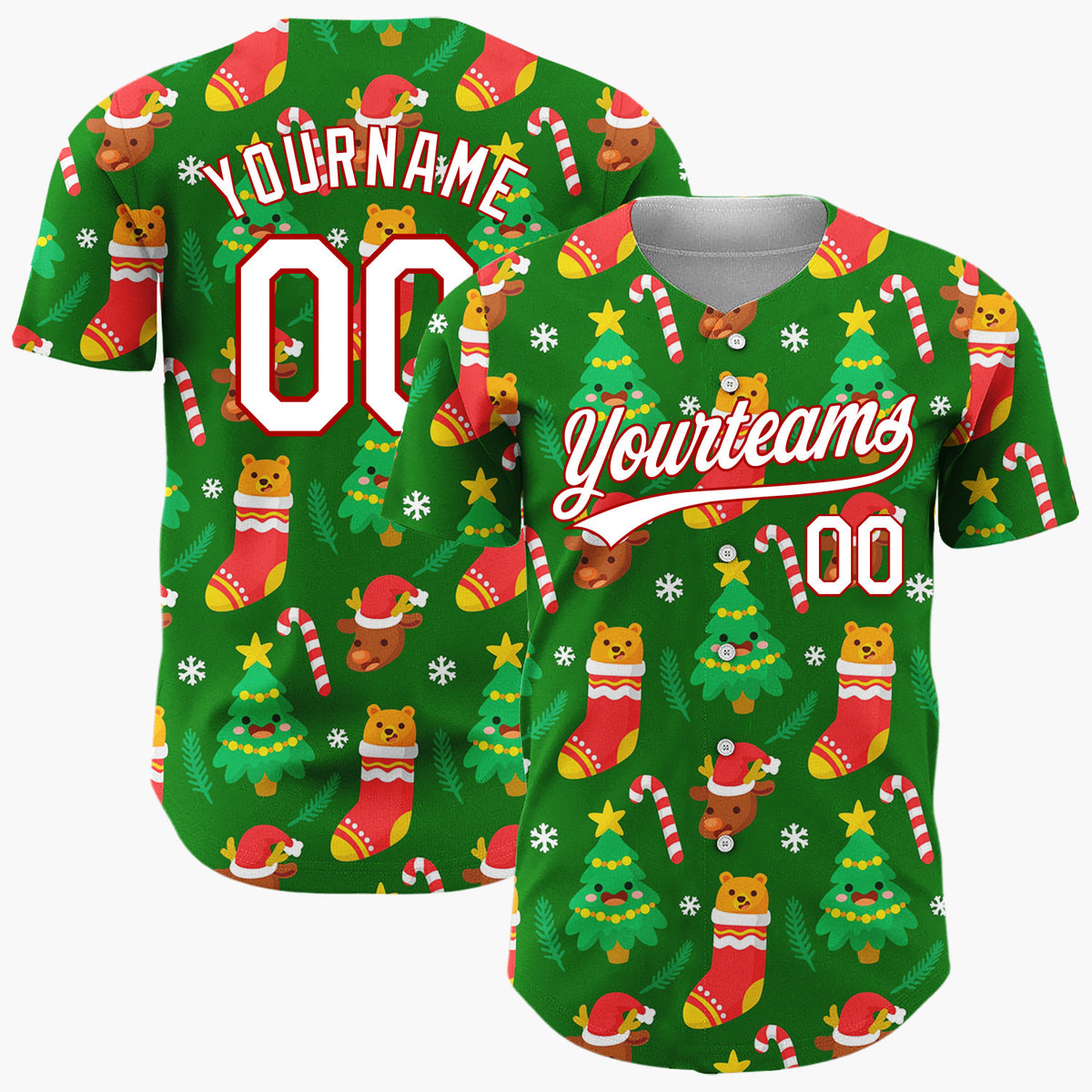 Custom Dark Green Festive Bear Christmas Elements Pattern Christmas Baseball Jersey