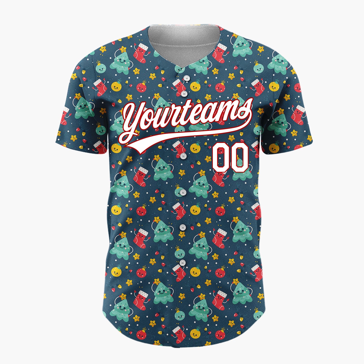 Custom Dark Blue Teal Red Cute Happy Trees And Stockings Whimsical Pattern Christmas Baseball Jersey