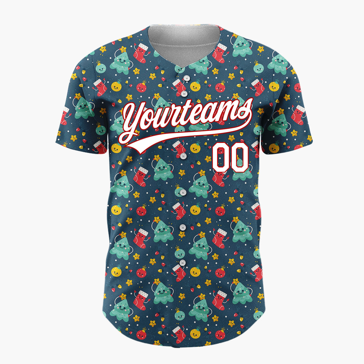 Custom Dark Blue Teal Red Cute Happy Trees And Stockings Whimsical Pattern Christmas Baseball Jersey