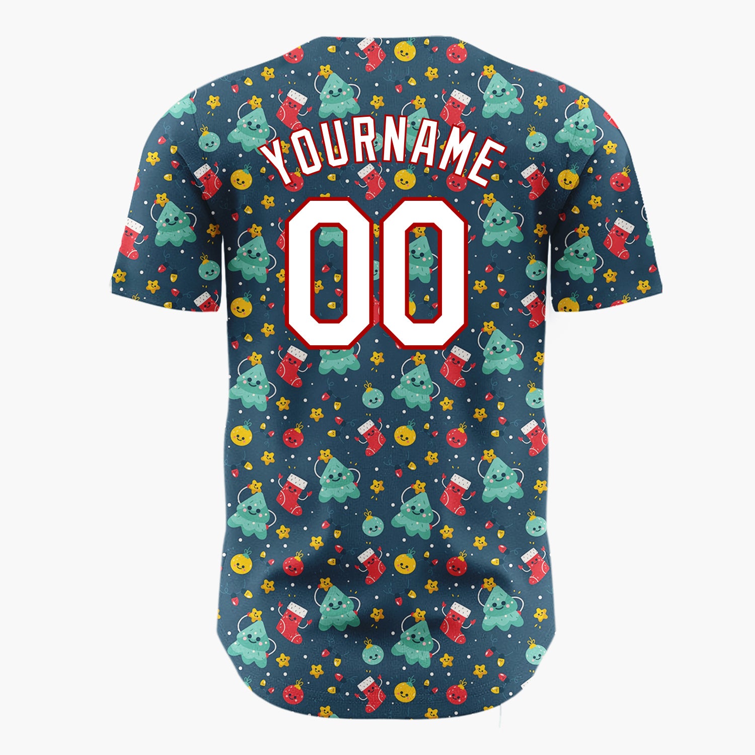 Custom Dark Blue Teal Red Cute Happy Trees And Stockings Whimsical Pattern Christmas Baseball Jersey