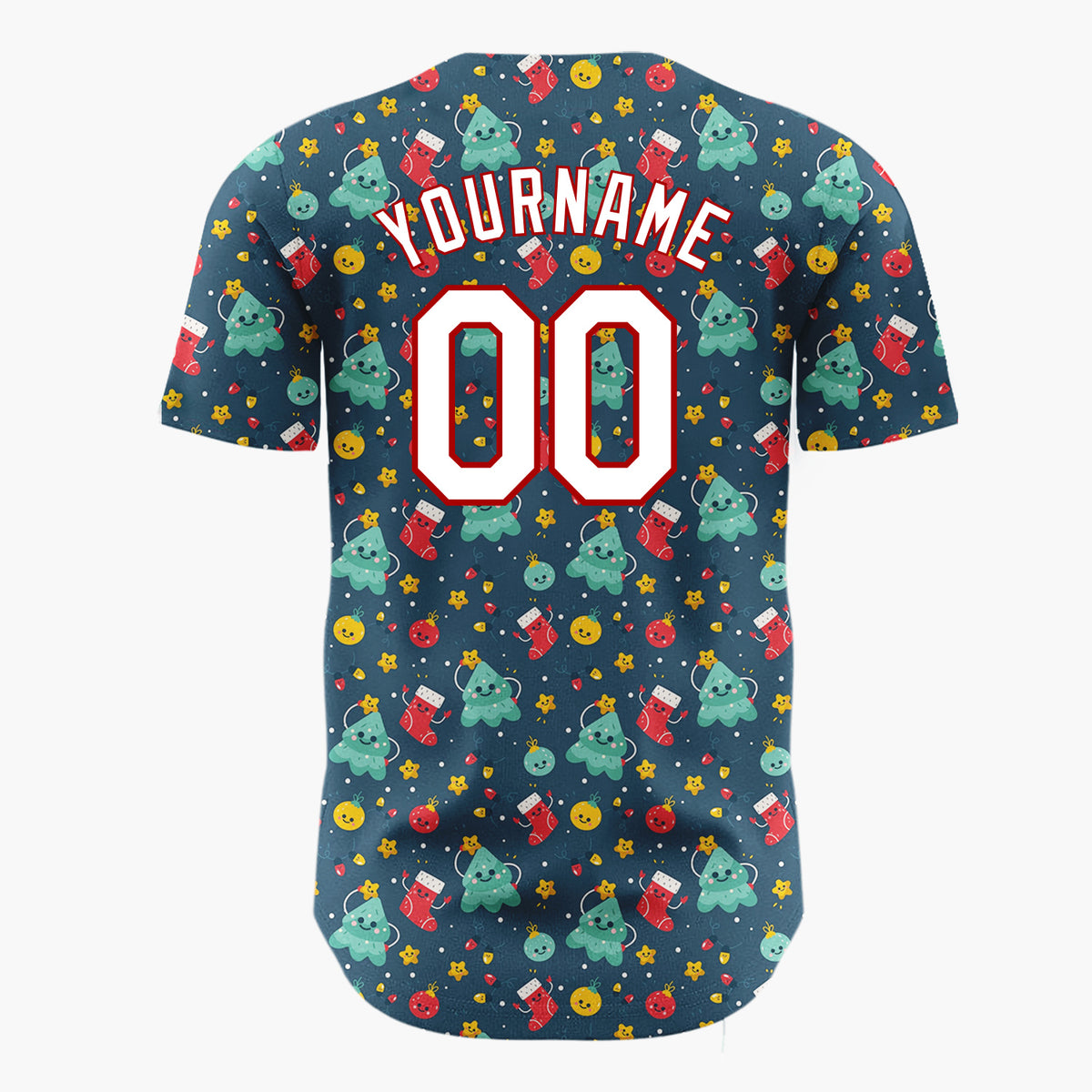 Custom Dark Blue Teal Red Cute Happy Trees And Stockings Whimsical Pattern Christmas Baseball Jersey
